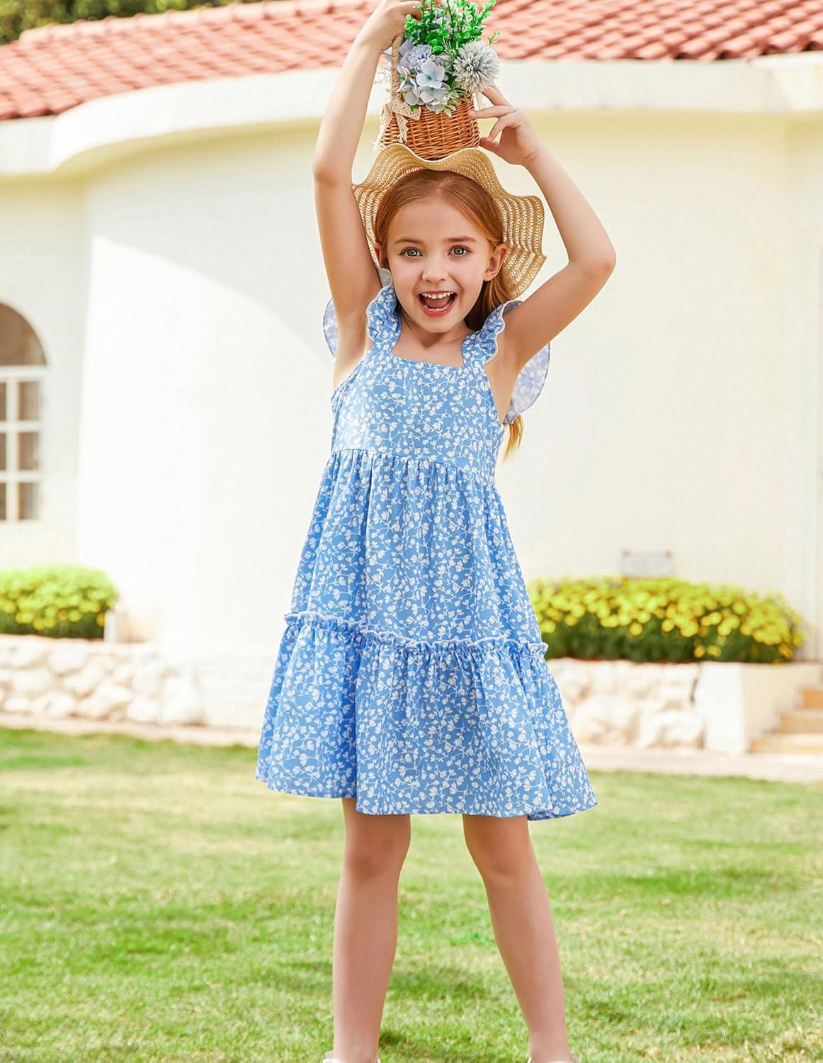 imageGRACE KARIN Girls Floral Dress Tie Back Flutter Sleeves Casual Summer Dress for 512YBlue Floral