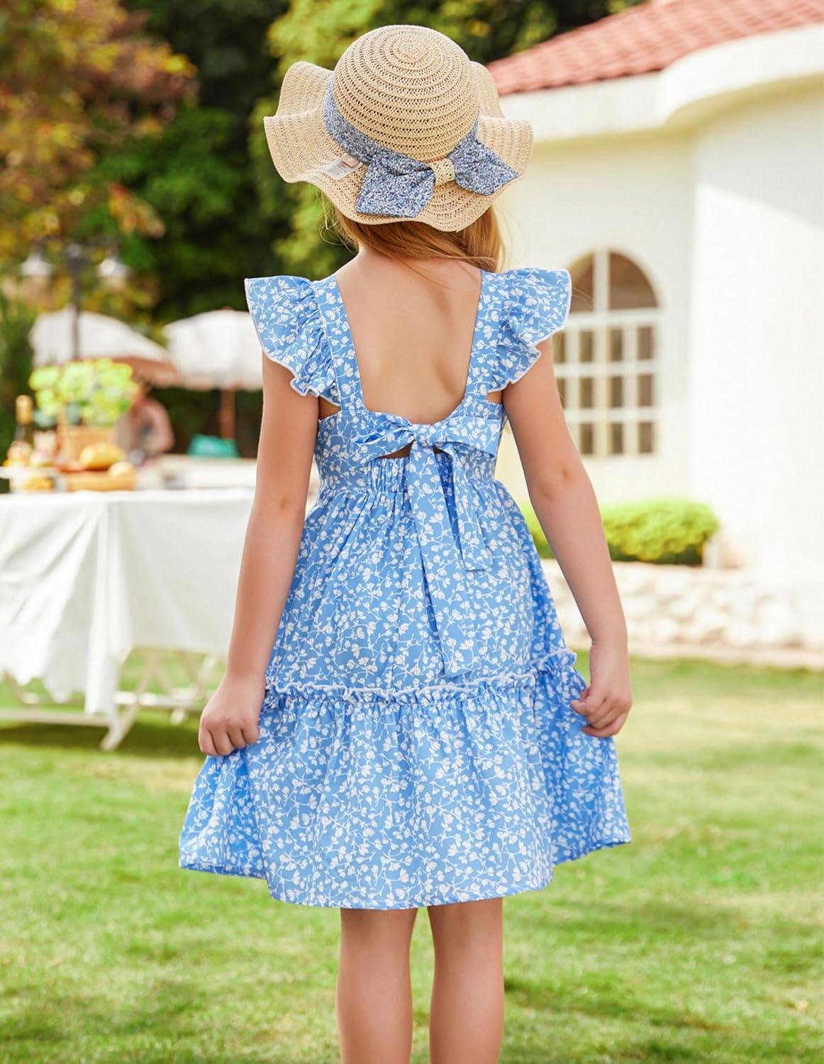imageGRACE KARIN Girls Floral Dress Tie Back Flutter Sleeves Casual Summer Dress for 512YBlue Floral