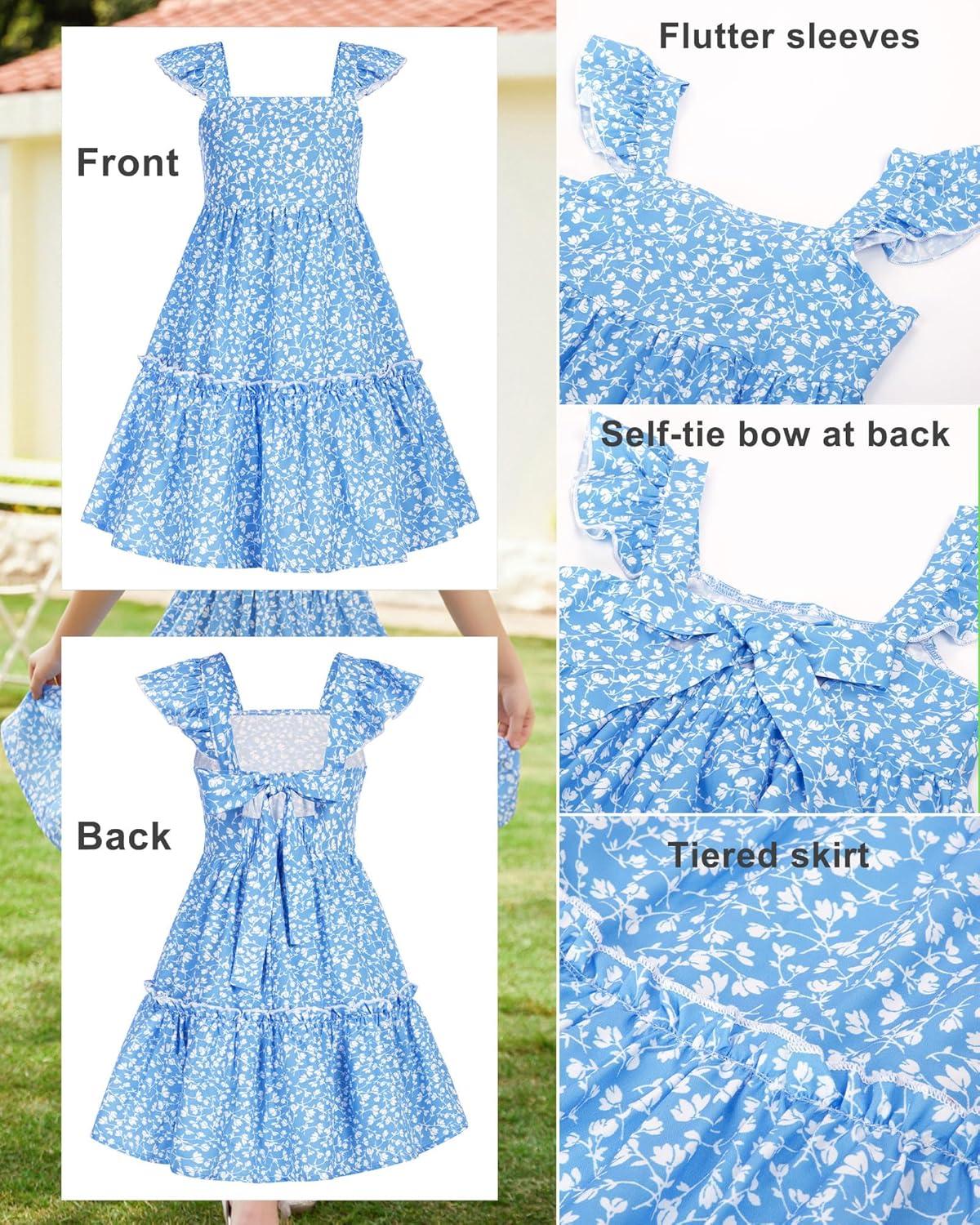 imageGRACE KARIN Girls Floral Dress Tie Back Flutter Sleeves Casual Summer Dress for 512YBlue Floral