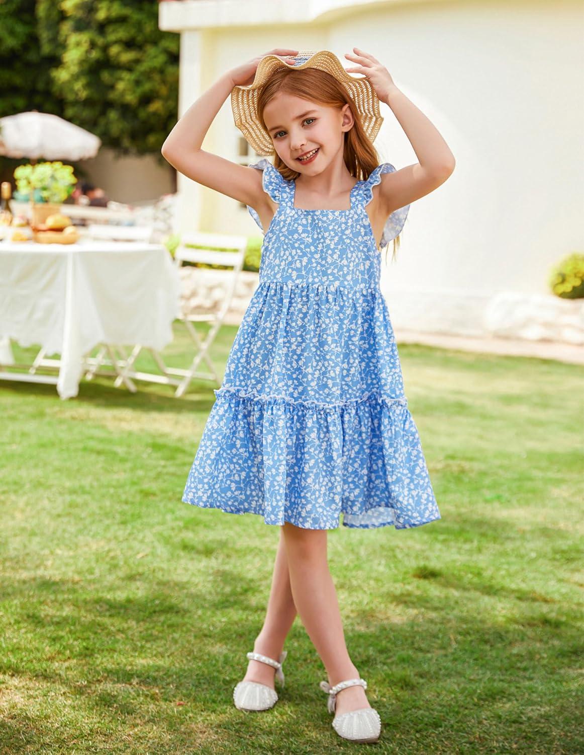 imageGRACE KARIN Girls Floral Dress Tie Back Flutter Sleeves Casual Summer Dress for 512YBlue Floral