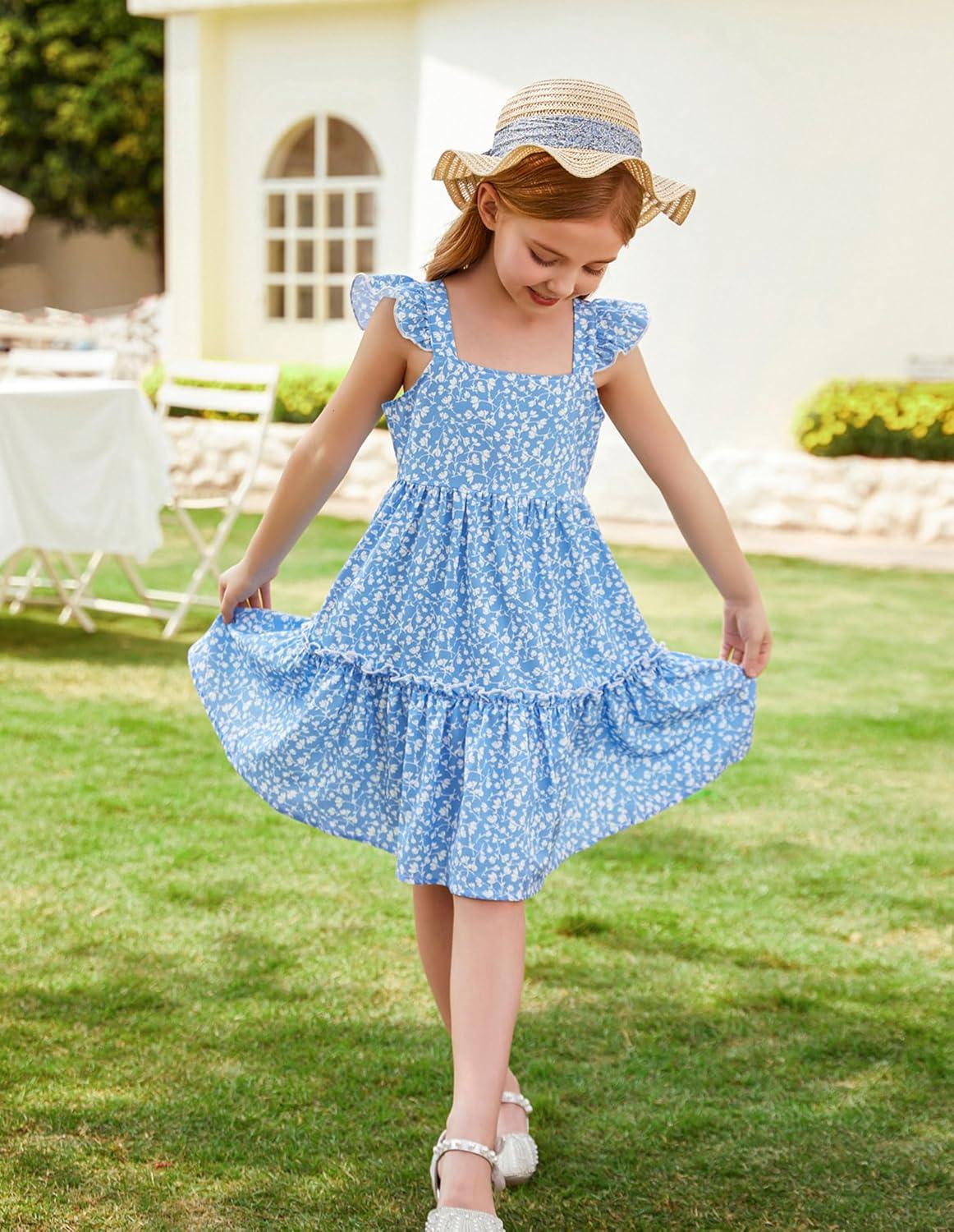 imageGRACE KARIN Girls Floral Dress Tie Back Flutter Sleeves Casual Summer Dress for 512YBlue Floral