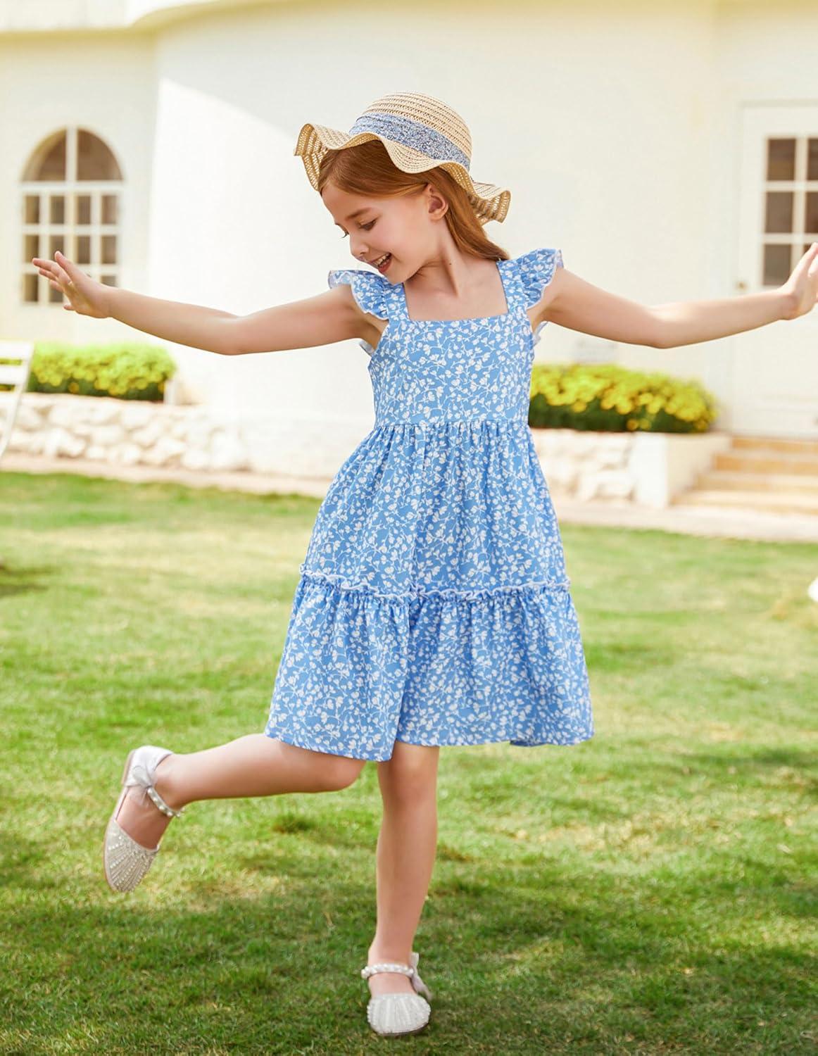 imageGRACE KARIN Girls Floral Dress Tie Back Flutter Sleeves Casual Summer Dress for 512YBlue Floral