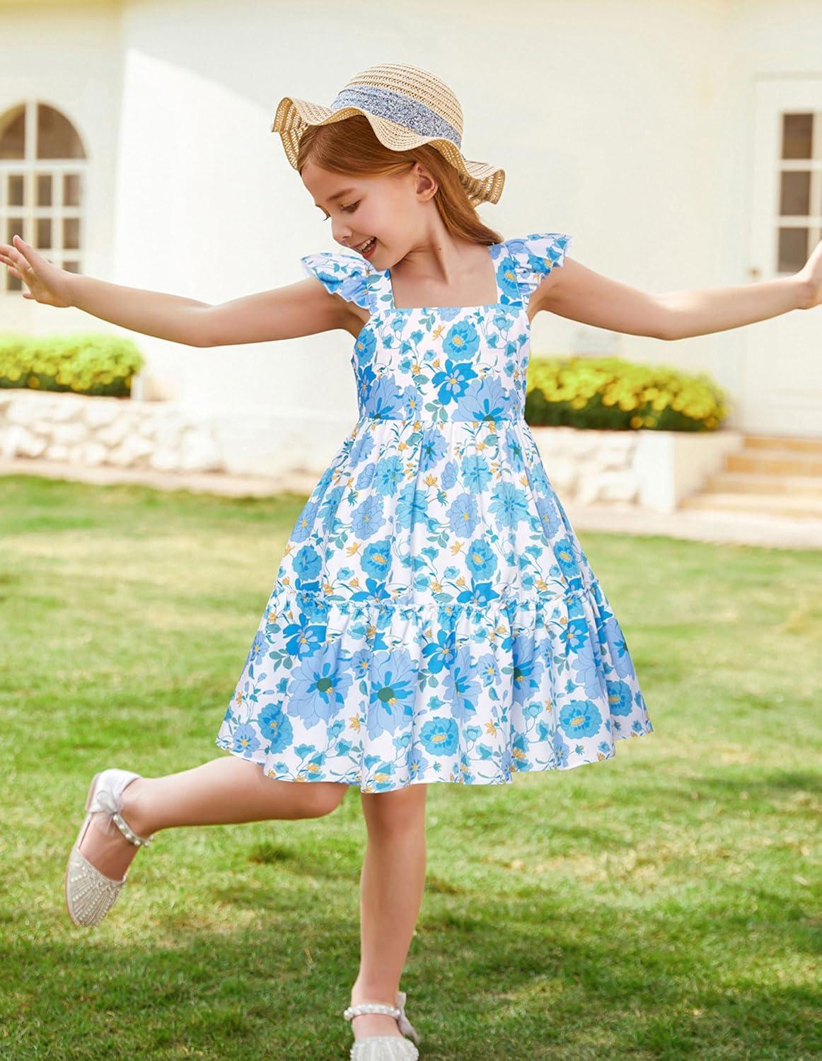 imageGRACE KARIN Girls Floral Dress Tie Back Flutter Sleeves Casual Summer Dress for 512YBlue Flowers