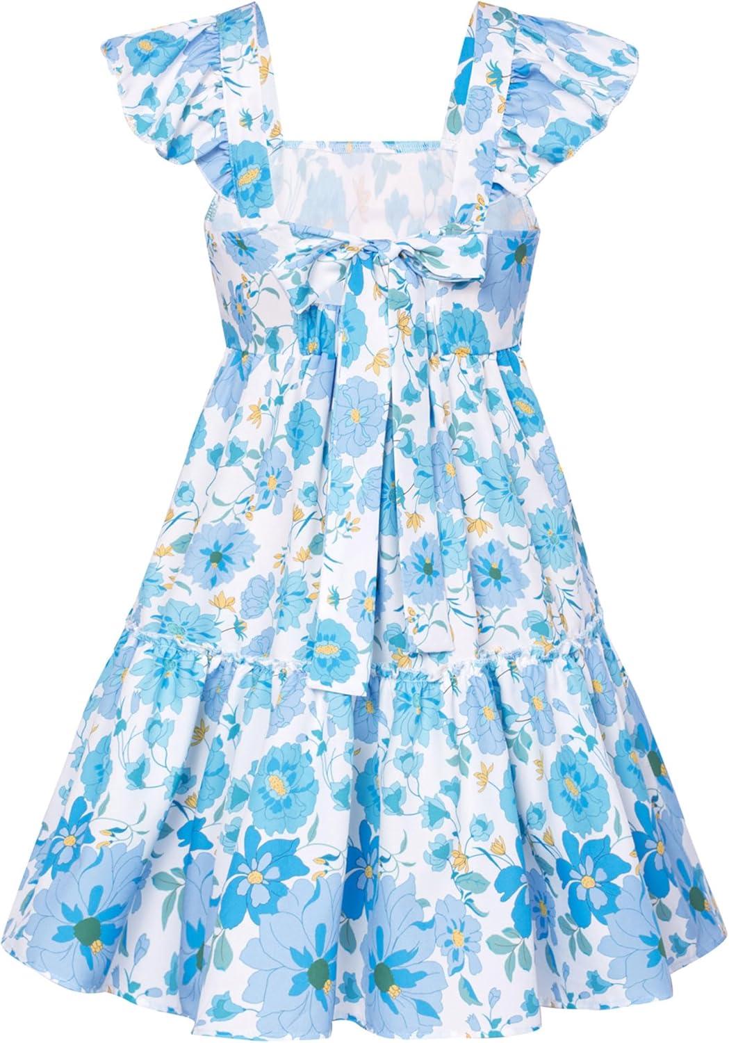 imageGRACE KARIN Girls Floral Dress Tie Back Flutter Sleeves Casual Summer Dress for 512YBlue Flowers