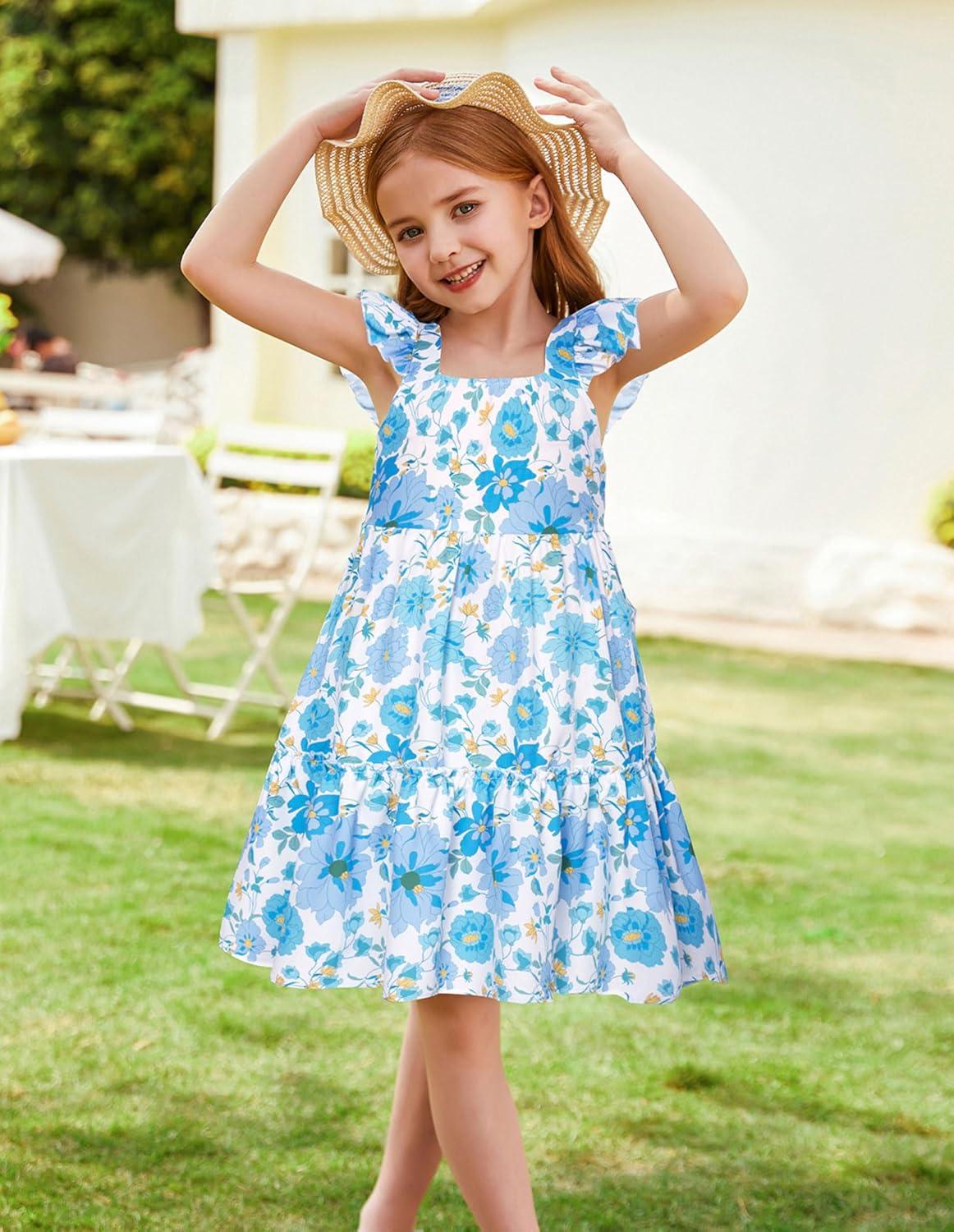 imageGRACE KARIN Girls Floral Dress Tie Back Flutter Sleeves Casual Summer Dress for 512YBlue Flowers