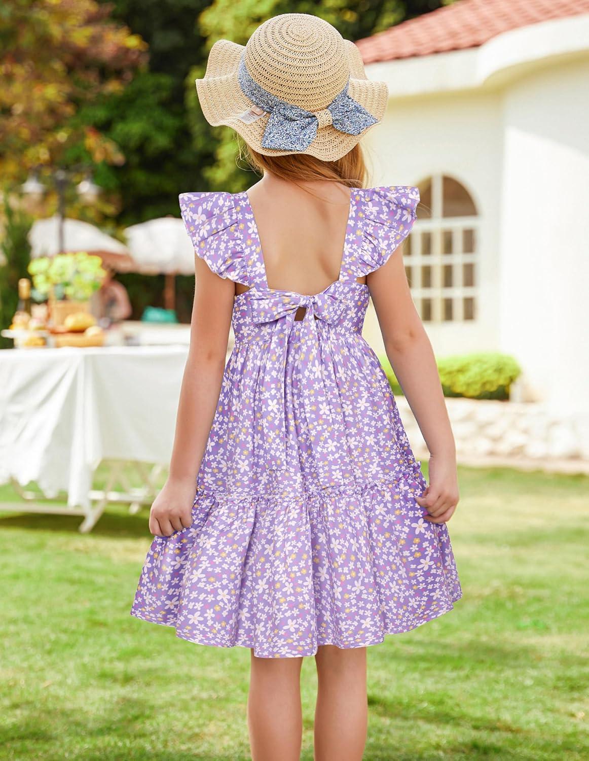 imageGRACE KARIN Girls Floral Dress Tie Back Flutter Sleeves Casual Summer Dress for 512YDark Purple Floral