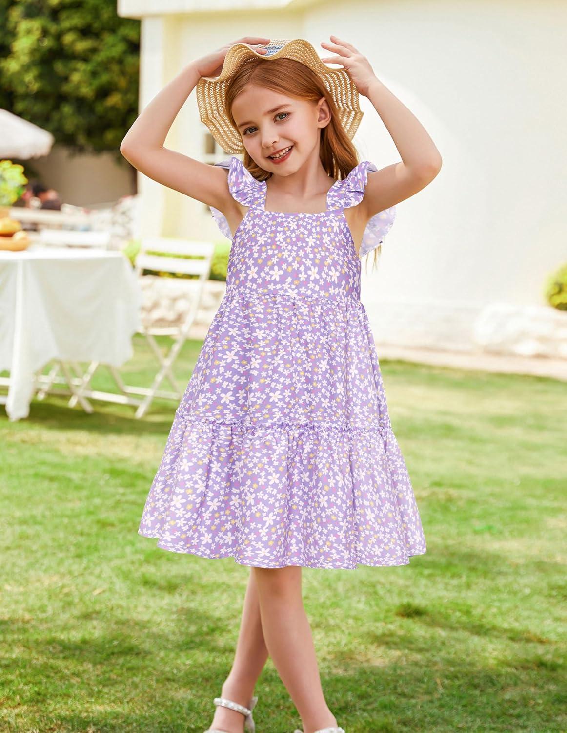 imageGRACE KARIN Girls Floral Dress Tie Back Flutter Sleeves Casual Summer Dress for 512YDark Purple Floral