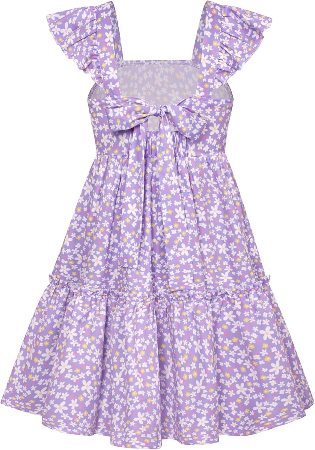 imageGRACE KARIN Girls Floral Dress Tie Back Flutter Sleeves Casual Summer Dress for 512YDark Purple Floral