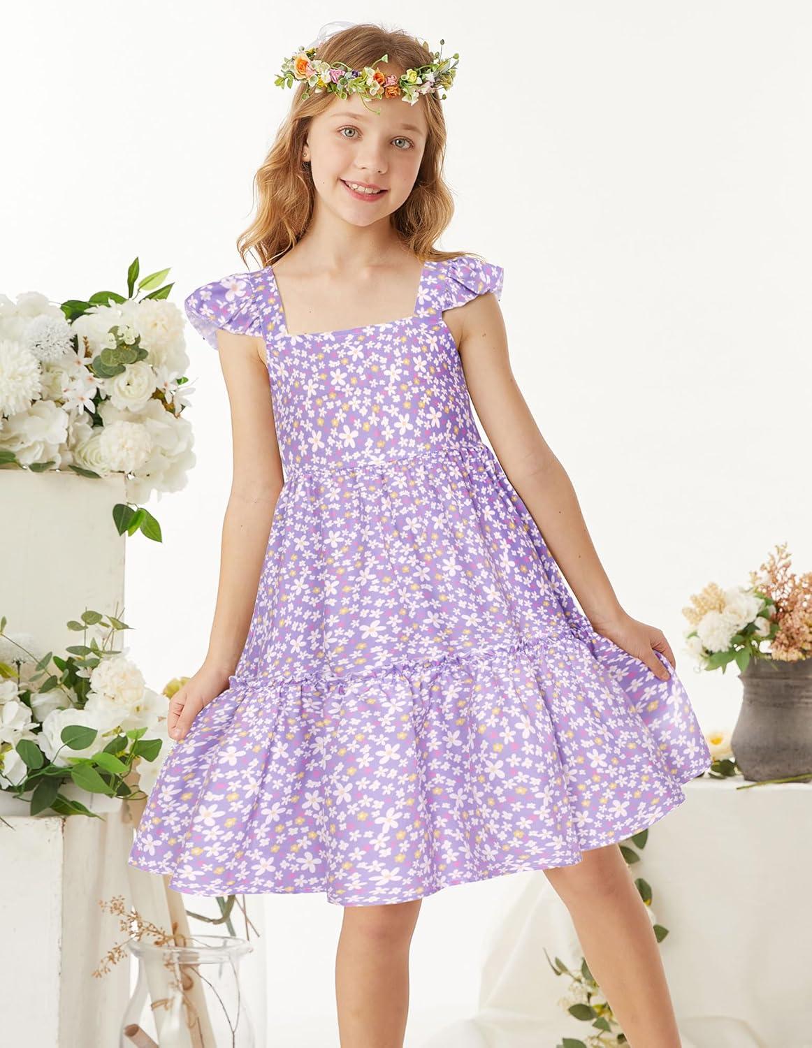imageGRACE KARIN Girls Floral Dress Tie Back Flutter Sleeves Casual Summer Dress for 512YDark Purple Floral