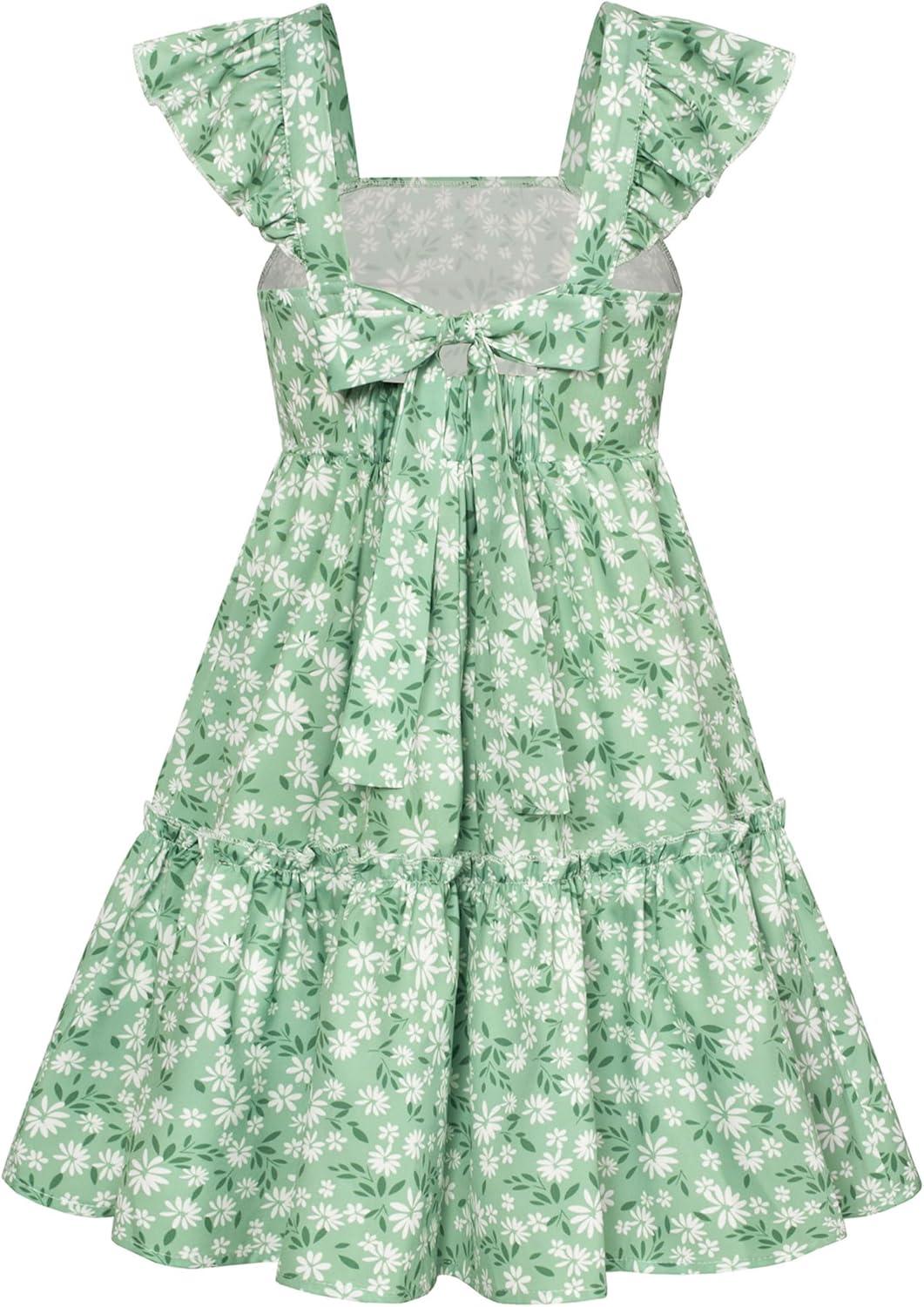 imageGRACE KARIN Girls Floral Dress Tie Back Flutter Sleeves Casual Summer Dress for 512YGreen Floral