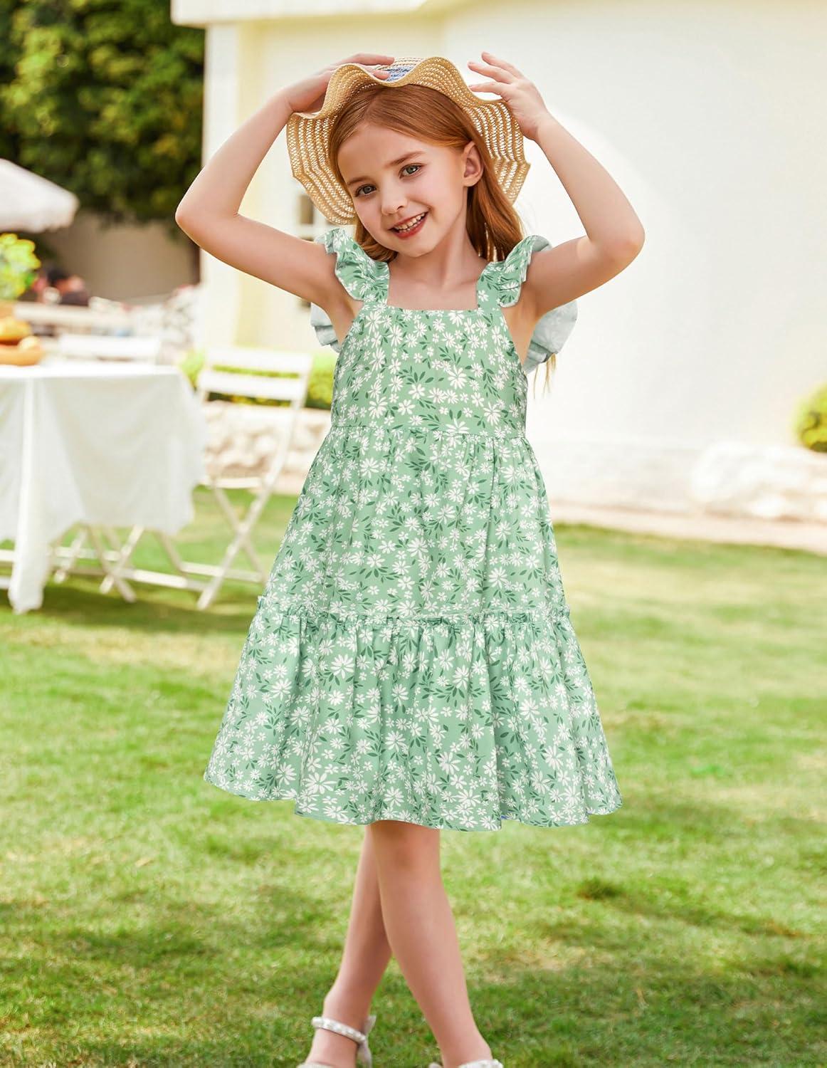 imageGRACE KARIN Girls Floral Dress Tie Back Flutter Sleeves Casual Summer Dress for 512YGreen Floral
