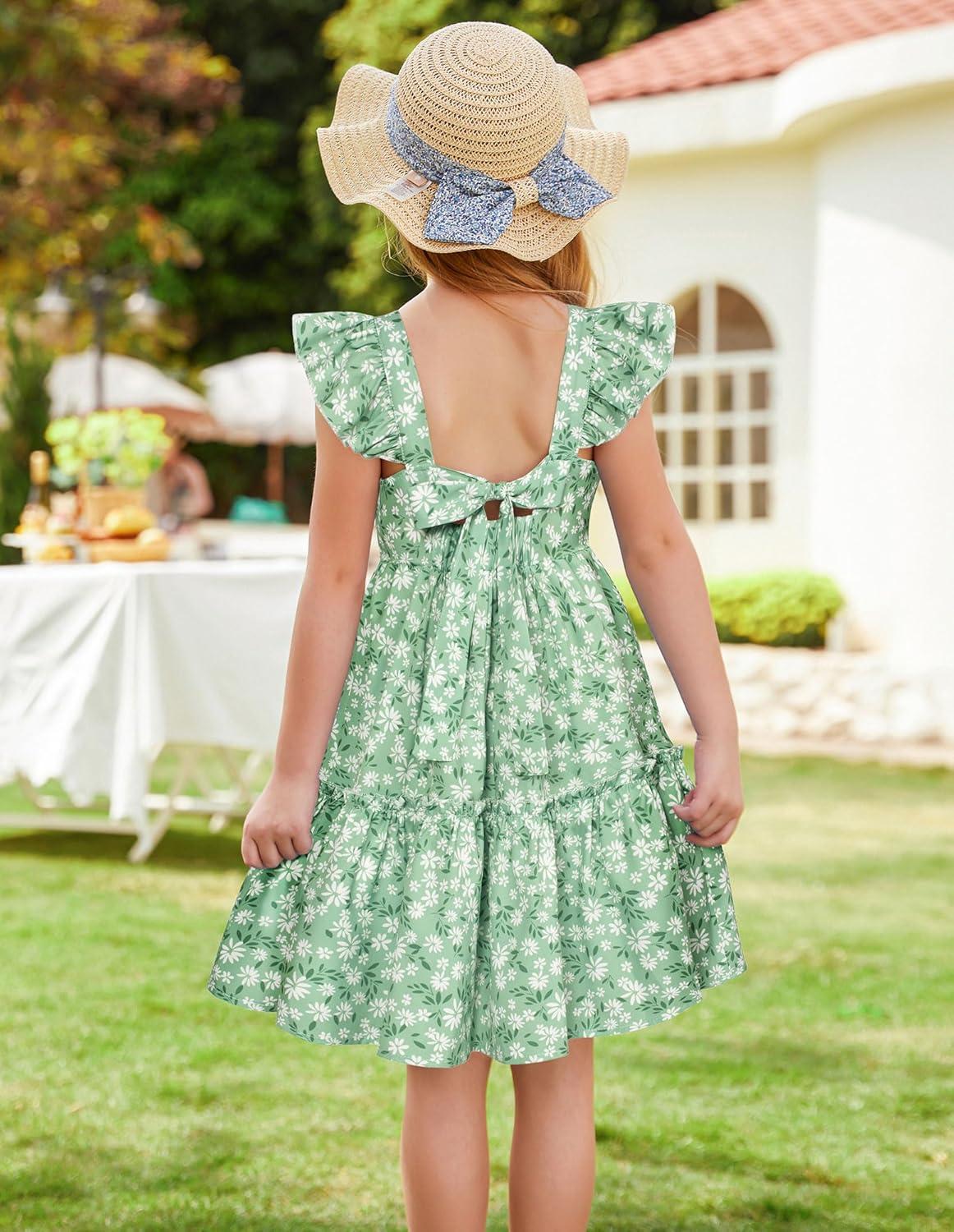 imageGRACE KARIN Girls Floral Dress Tie Back Flutter Sleeves Casual Summer Dress for 512YGreen Floral