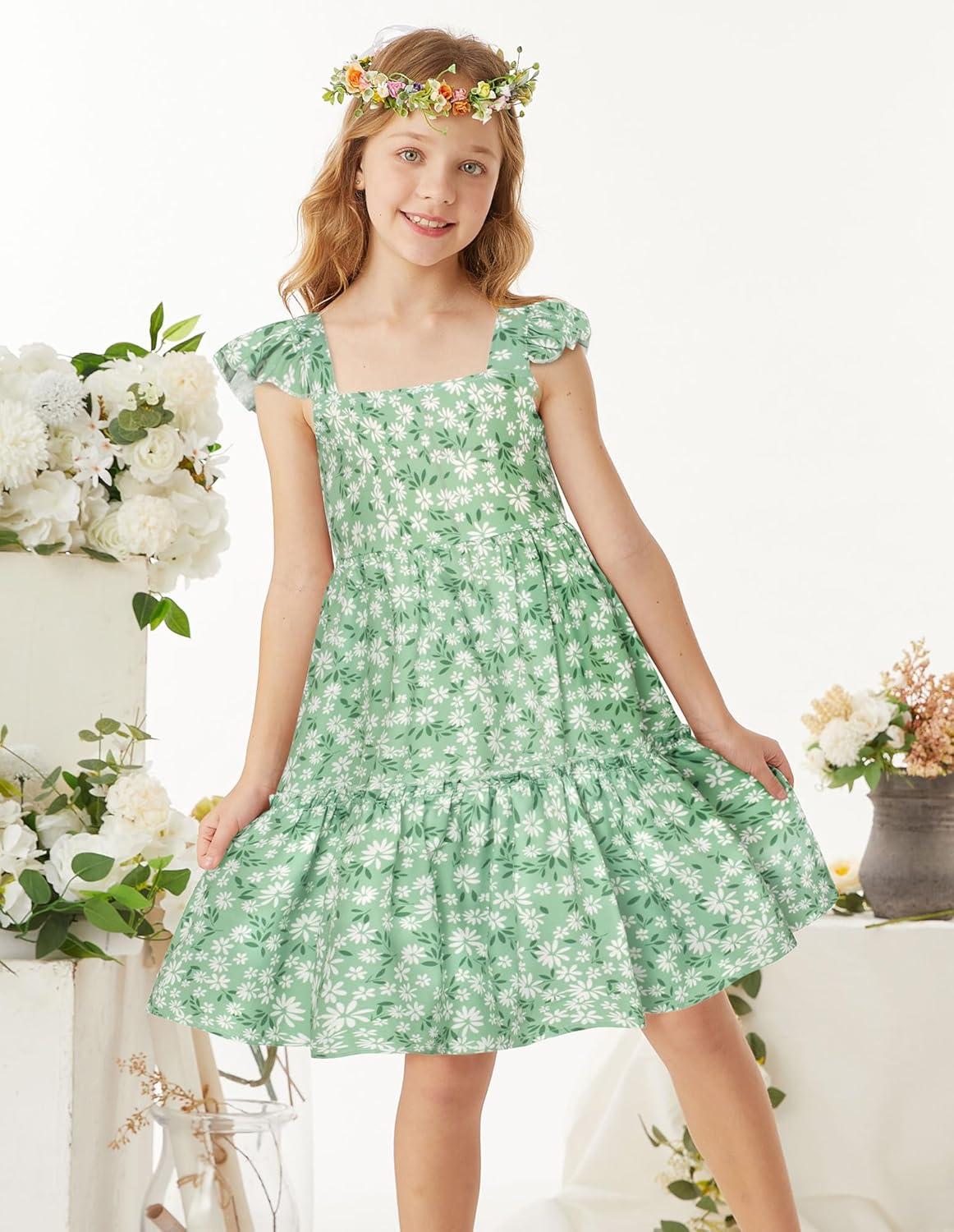 imageGRACE KARIN Girls Floral Dress Tie Back Flutter Sleeves Casual Summer Dress for 512YGreen Floral