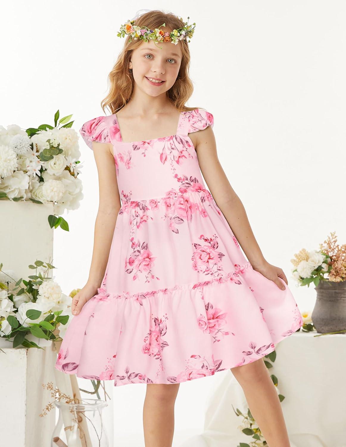 imageGRACE KARIN Girls Floral Dress Tie Back Flutter Sleeves Casual Summer Dress for 512YLight Pink Flower
