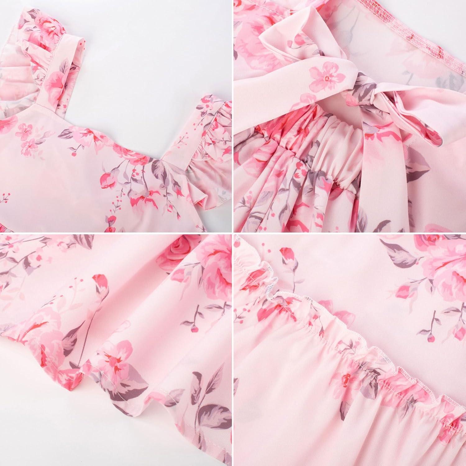 imageGRACE KARIN Girls Floral Dress Tie Back Flutter Sleeves Casual Summer Dress for 512YLight Pink Flower