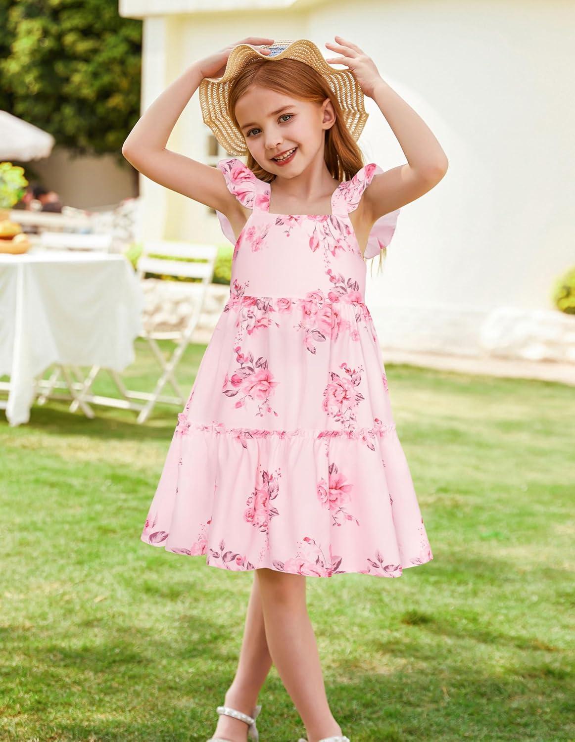 imageGRACE KARIN Girls Floral Dress Tie Back Flutter Sleeves Casual Summer Dress for 512YLight Pink Flower