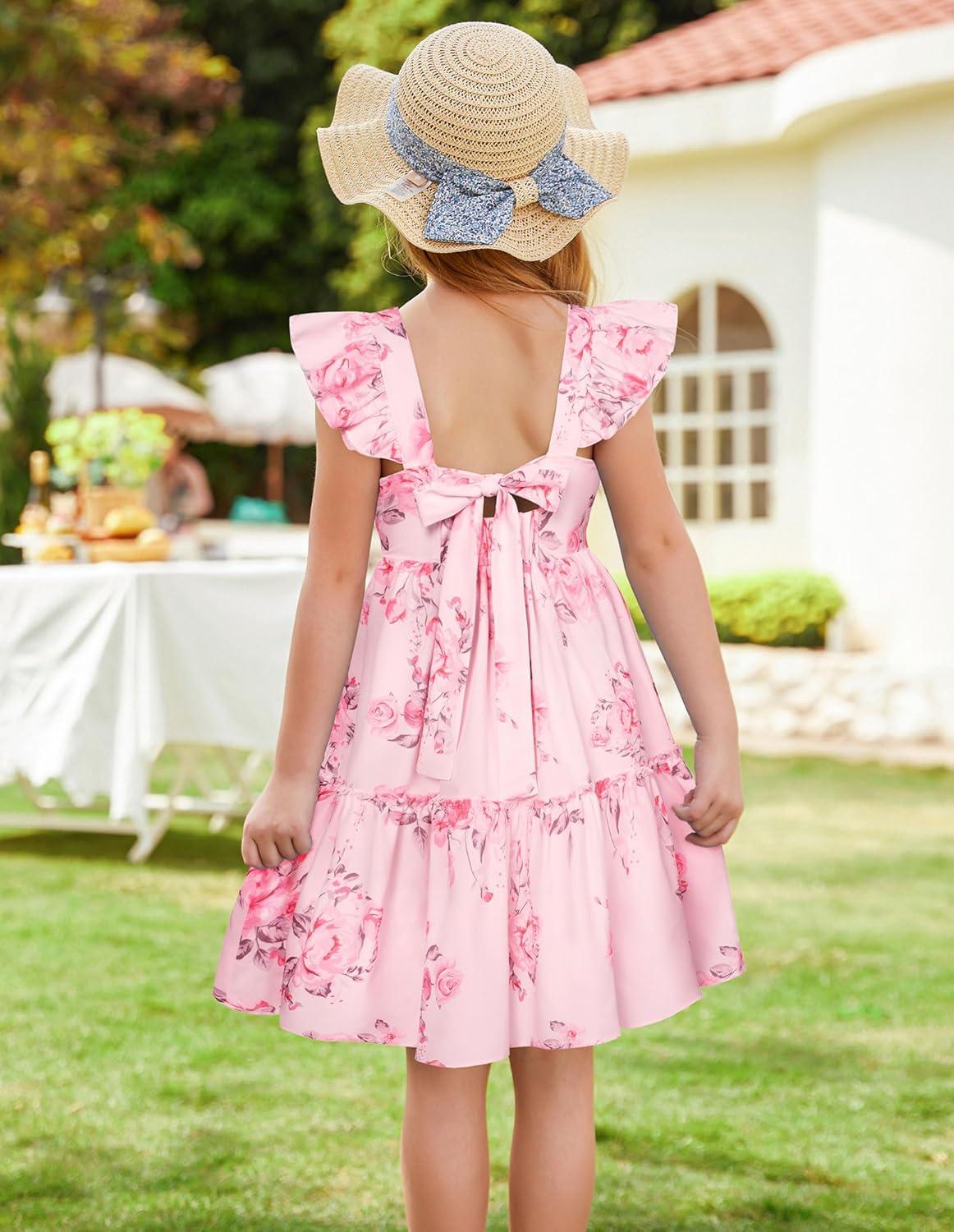 imageGRACE KARIN Girls Floral Dress Tie Back Flutter Sleeves Casual Summer Dress for 512YLight Pink Flower