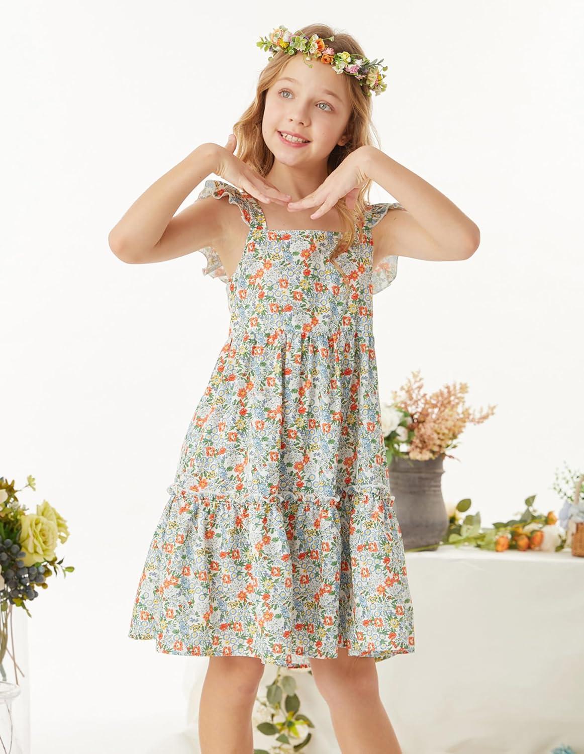 imageGRACE KARIN Girls Floral Dress Tie Back Flutter Sleeves Casual Summer Dress for 512YMulticolor Floral