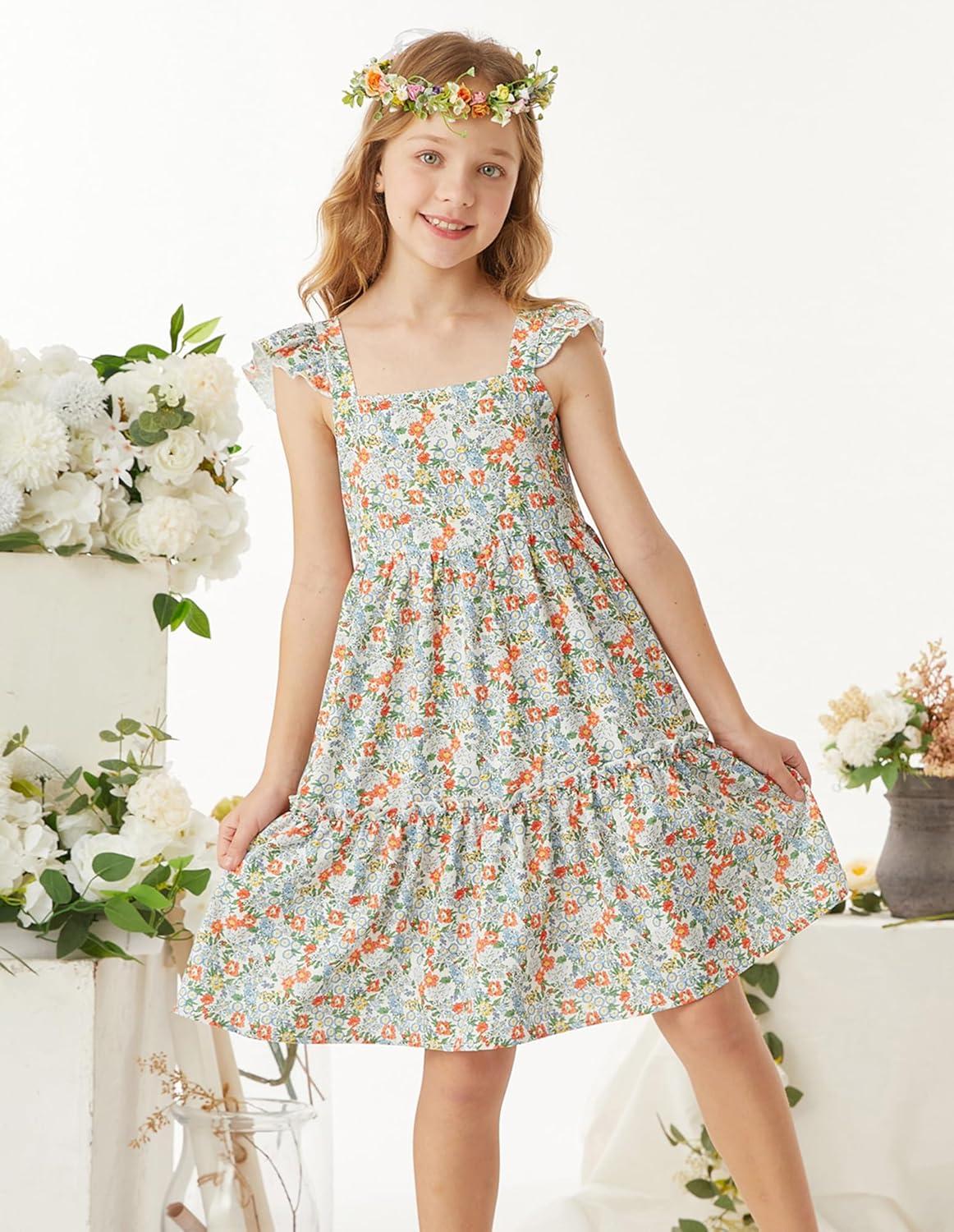 imageGRACE KARIN Girls Floral Dress Tie Back Flutter Sleeves Casual Summer Dress for 512YMulticolor Floral