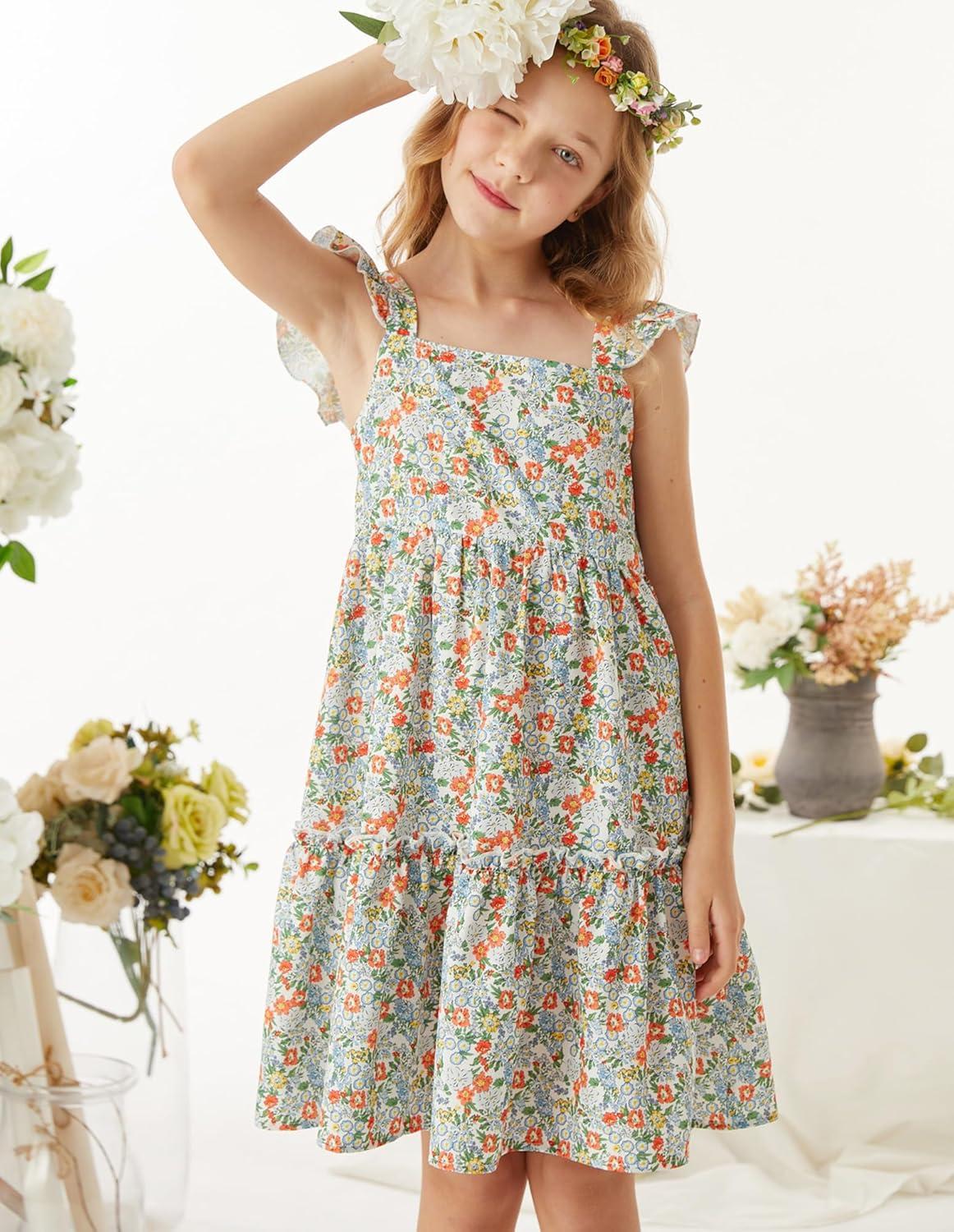 imageGRACE KARIN Girls Floral Dress Tie Back Flutter Sleeves Casual Summer Dress for 512YMulticolor Floral