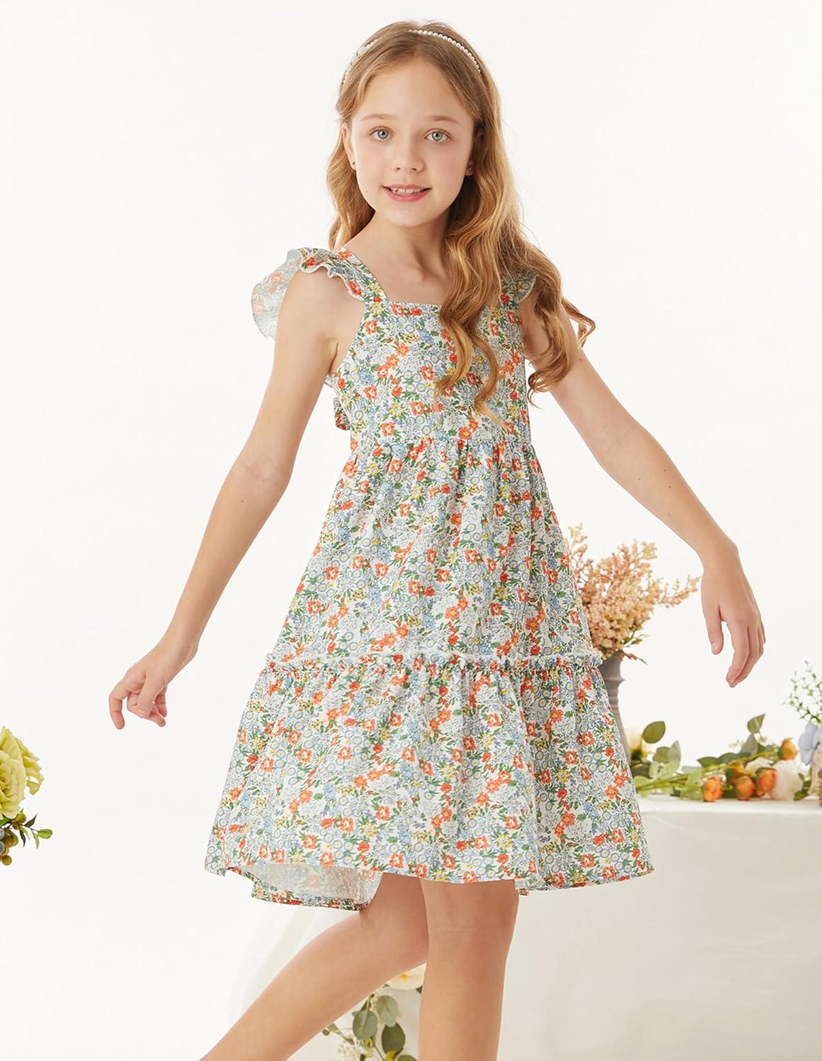 imageGRACE KARIN Girls Floral Dress Tie Back Flutter Sleeves Casual Summer Dress for 512YMulticolor Floral