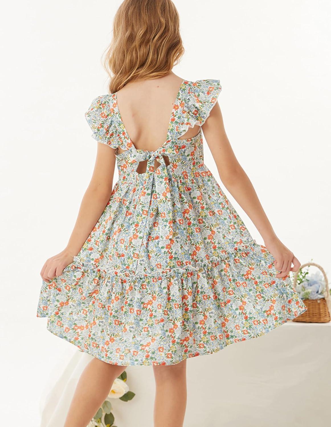 imageGRACE KARIN Girls Floral Dress Tie Back Flutter Sleeves Casual Summer Dress for 512YMulticolor Floral