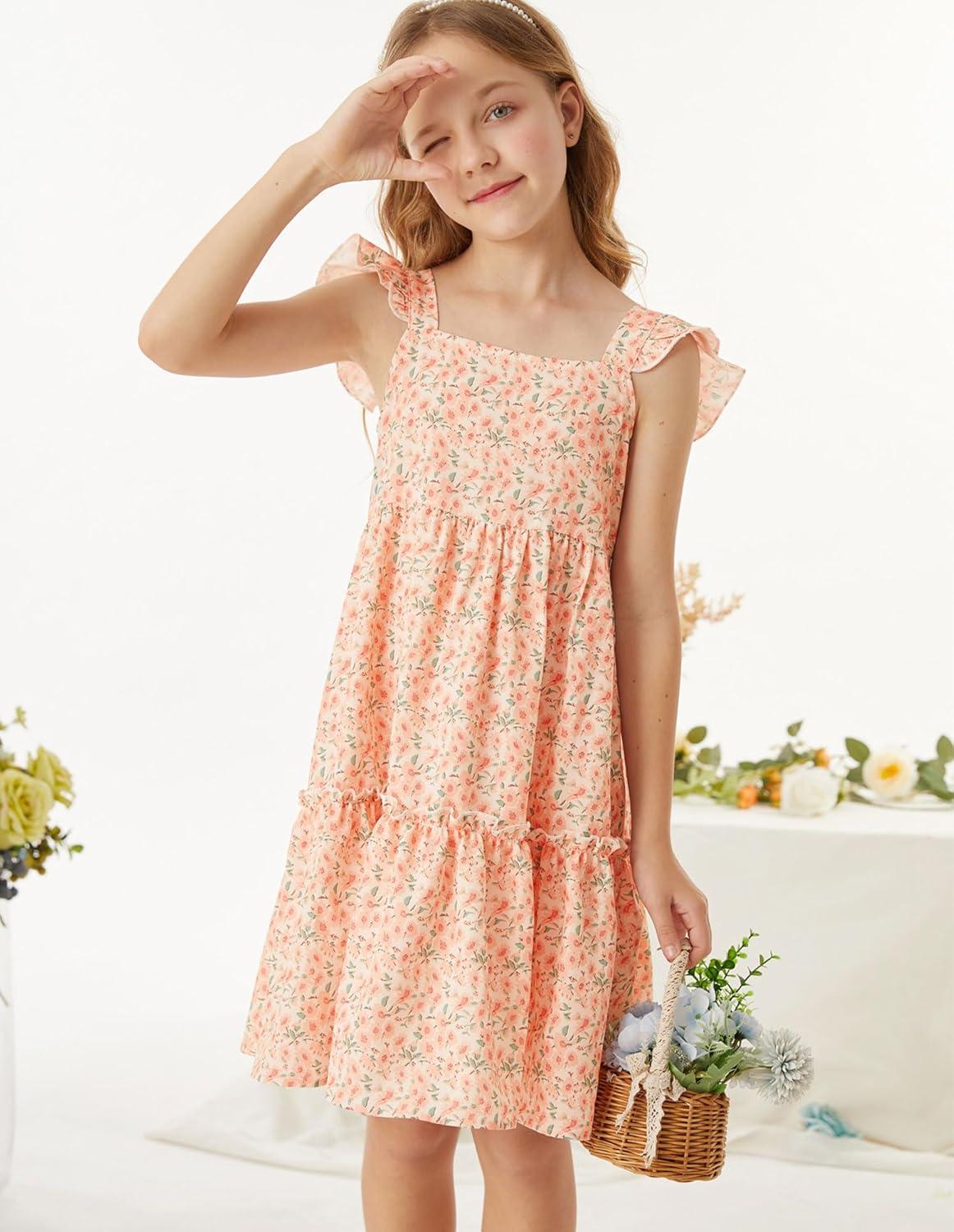 imageGRACE KARIN Girls Floral Dress Tie Back Flutter Sleeves Casual Summer Dress for 512YOrange Floral