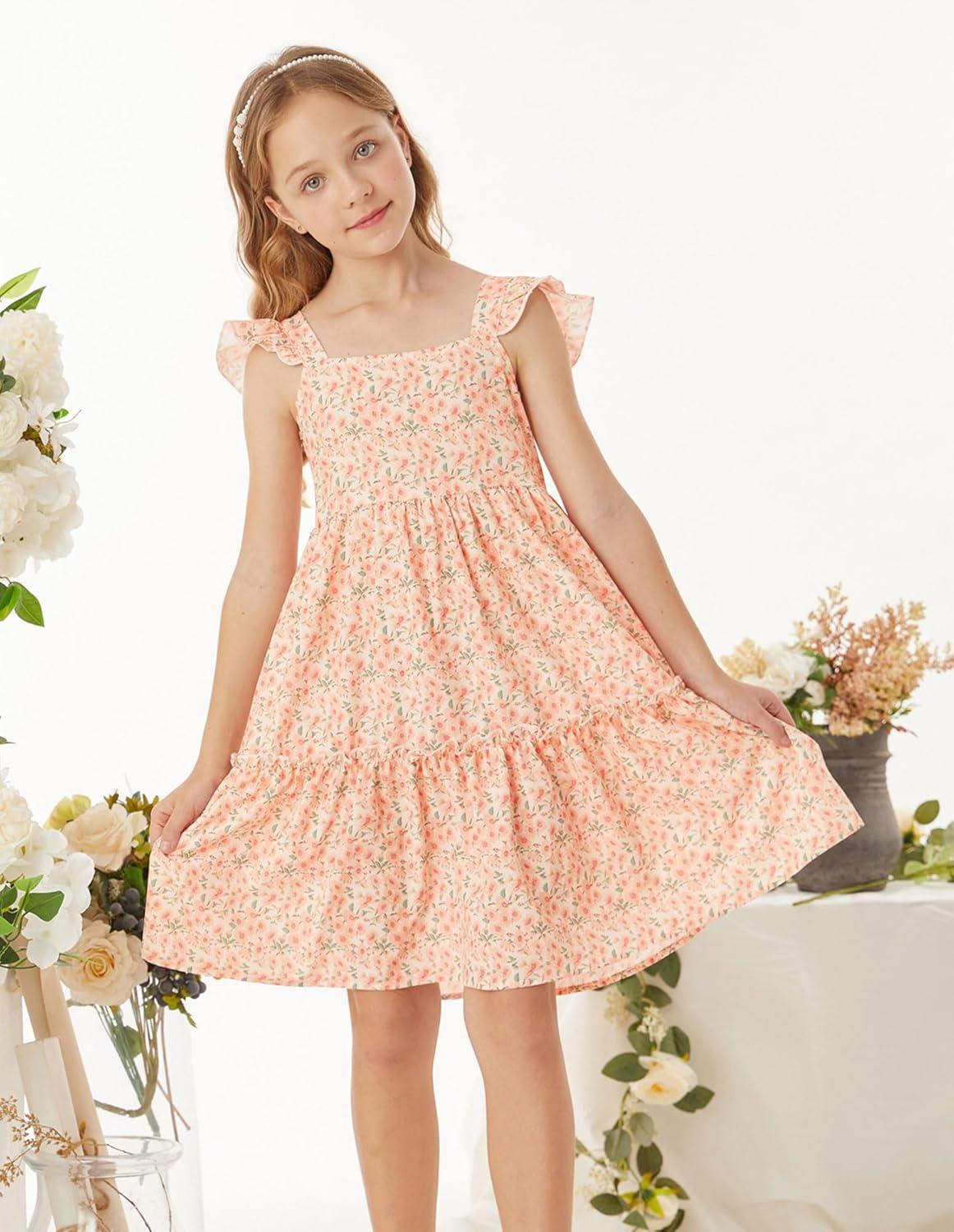 imageGRACE KARIN Girls Floral Dress Tie Back Flutter Sleeves Casual Summer Dress for 512YOrange Floral