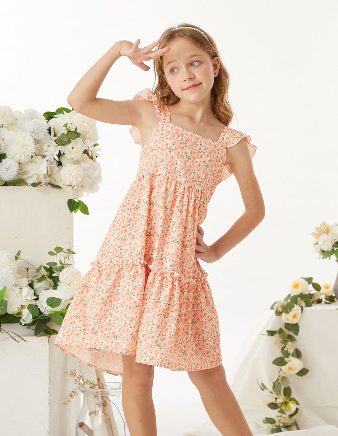imageGRACE KARIN Girls Floral Dress Tie Back Flutter Sleeves Casual Summer Dress for 512YOrange Floral