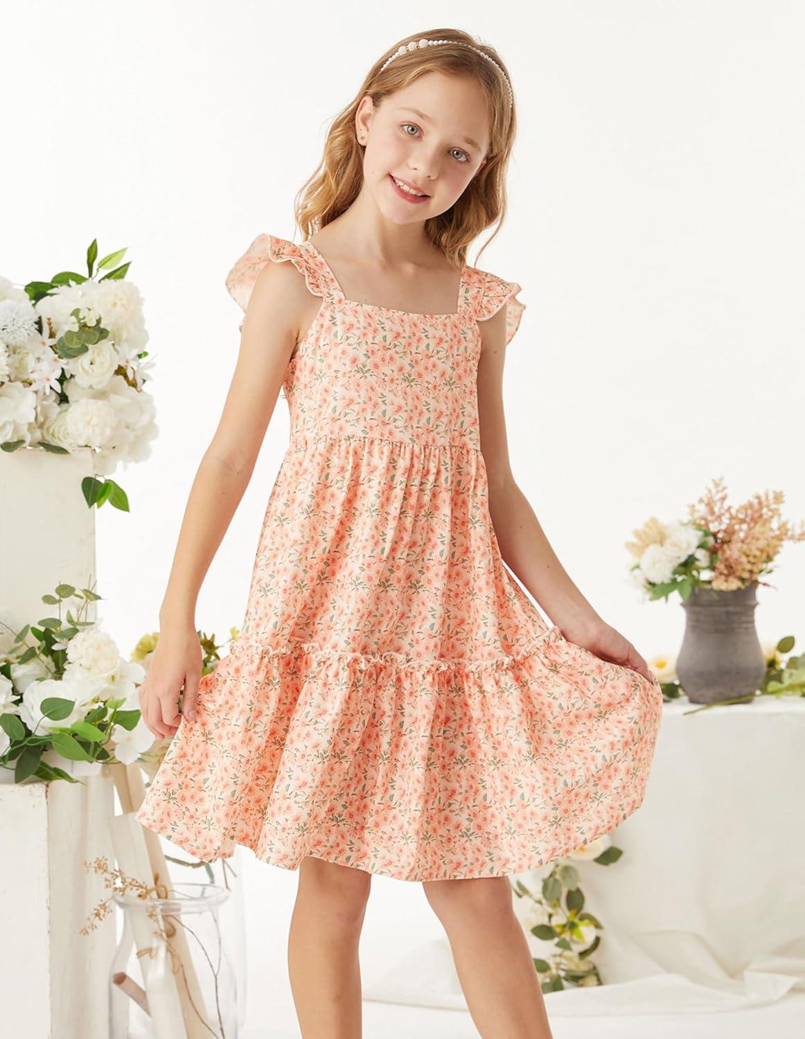 imageGRACE KARIN Girls Floral Dress Tie Back Flutter Sleeves Casual Summer Dress for 512YOrange Floral
