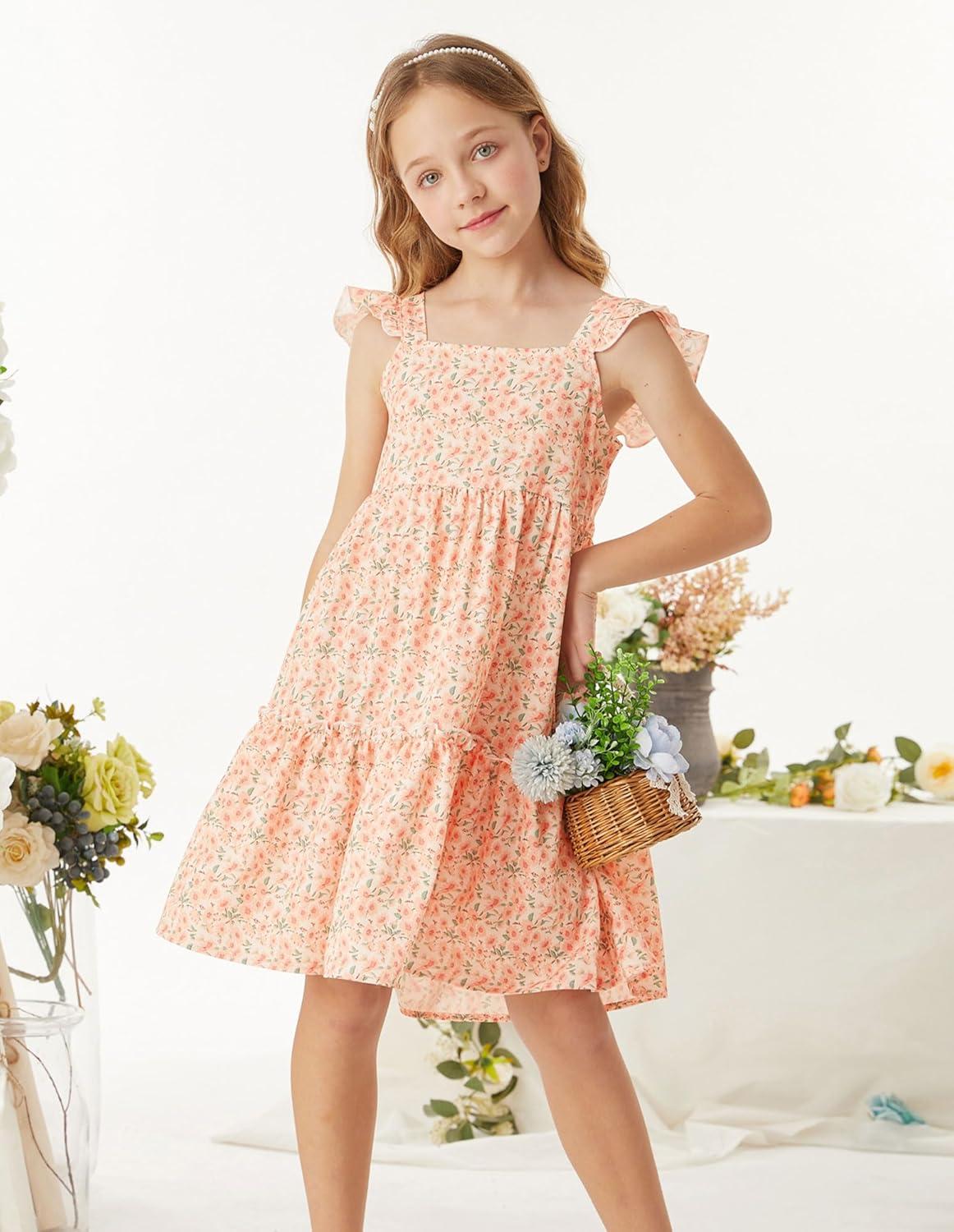 imageGRACE KARIN Girls Floral Dress Tie Back Flutter Sleeves Casual Summer Dress for 512YOrange Floral
