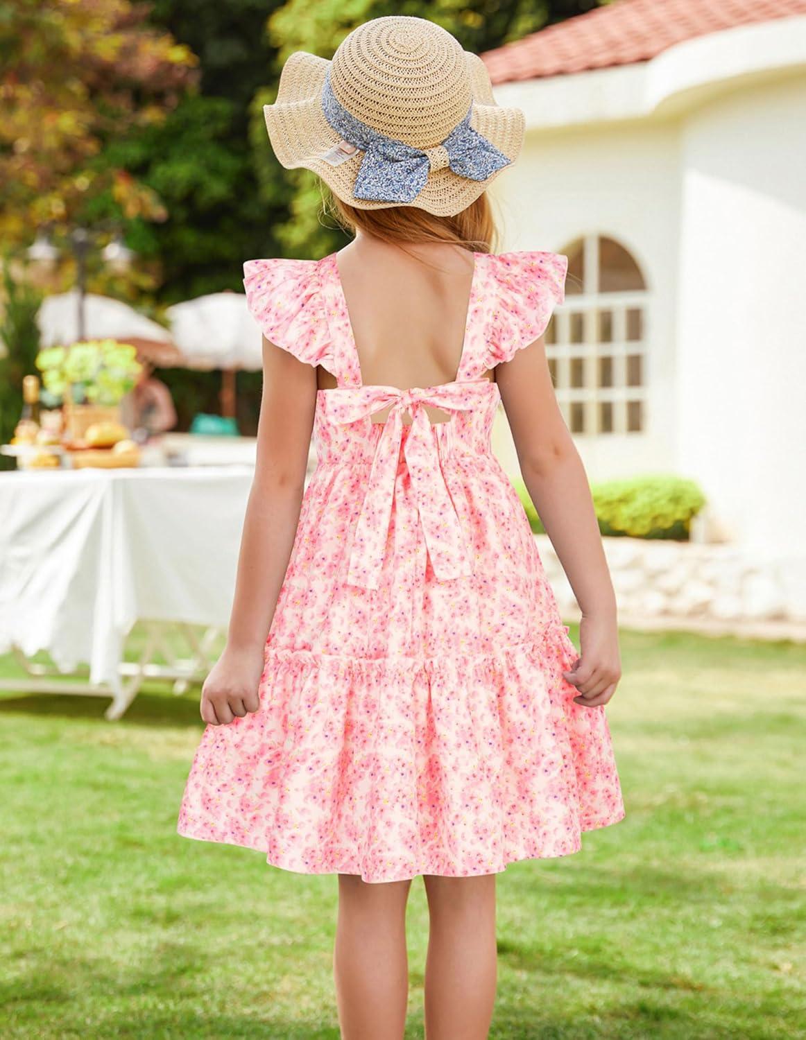imageGRACE KARIN Girls Floral Dress Tie Back Flutter Sleeves Casual Summer Dress for 512YPink Floral