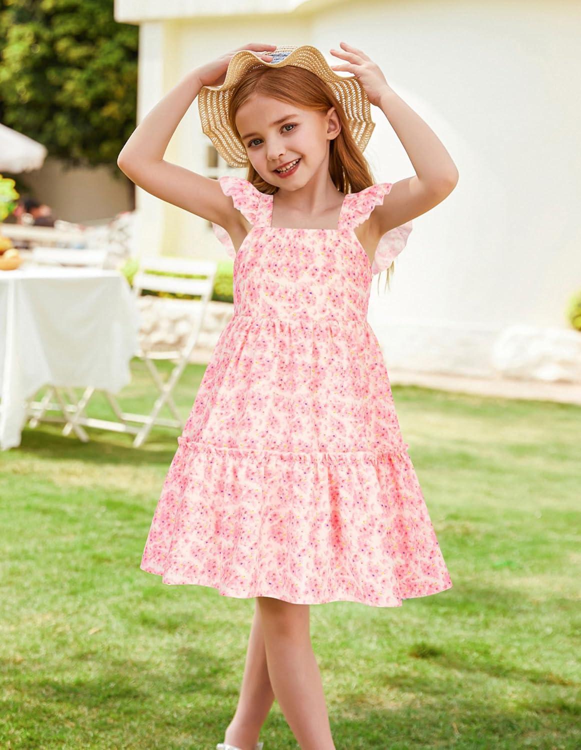 imageGRACE KARIN Girls Floral Dress Tie Back Flutter Sleeves Casual Summer Dress for 512YPink Floral