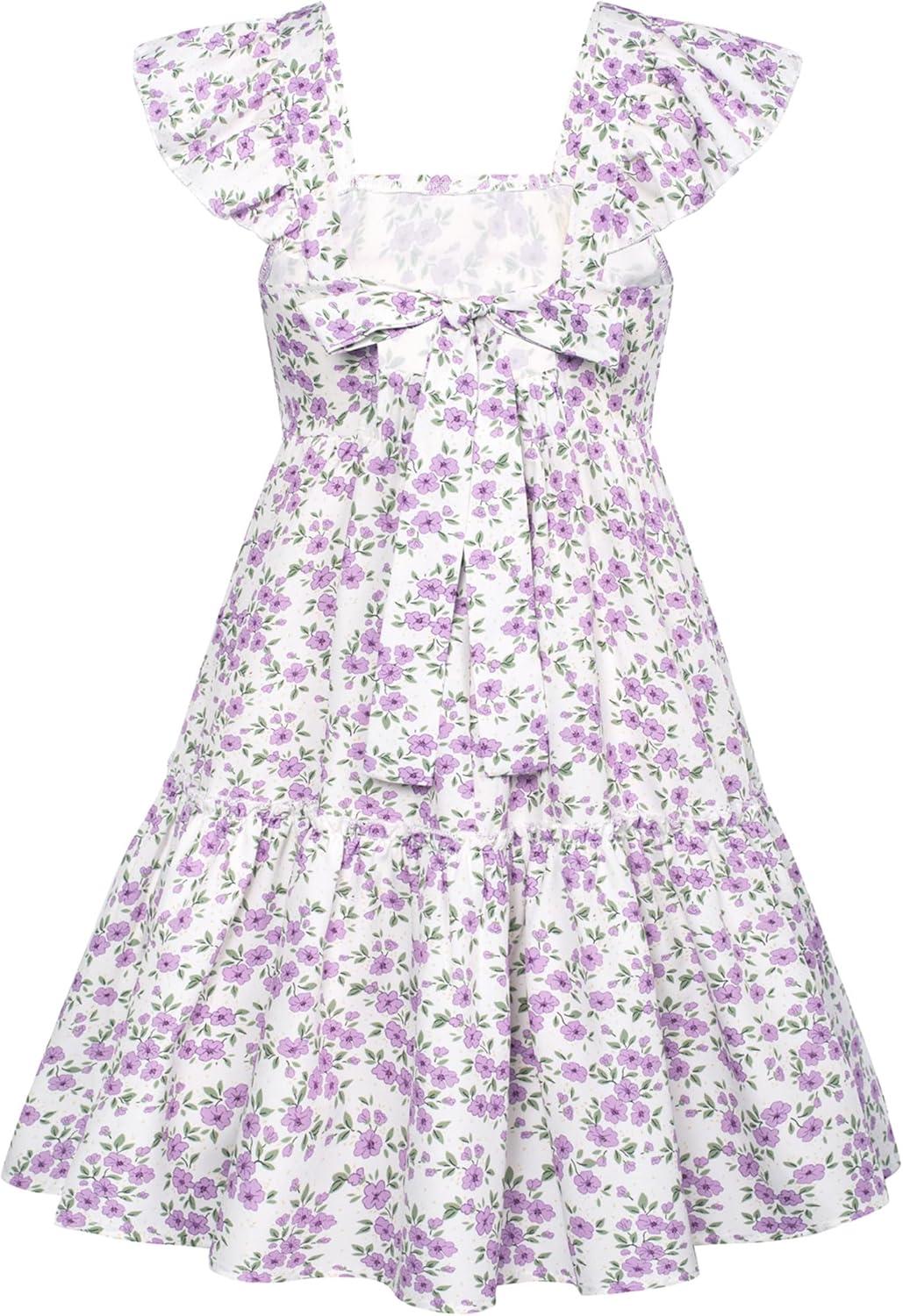 imageGRACE KARIN Girls Floral Dress Tie Back Flutter Sleeves Casual Summer Dress for 512YPurple Floral