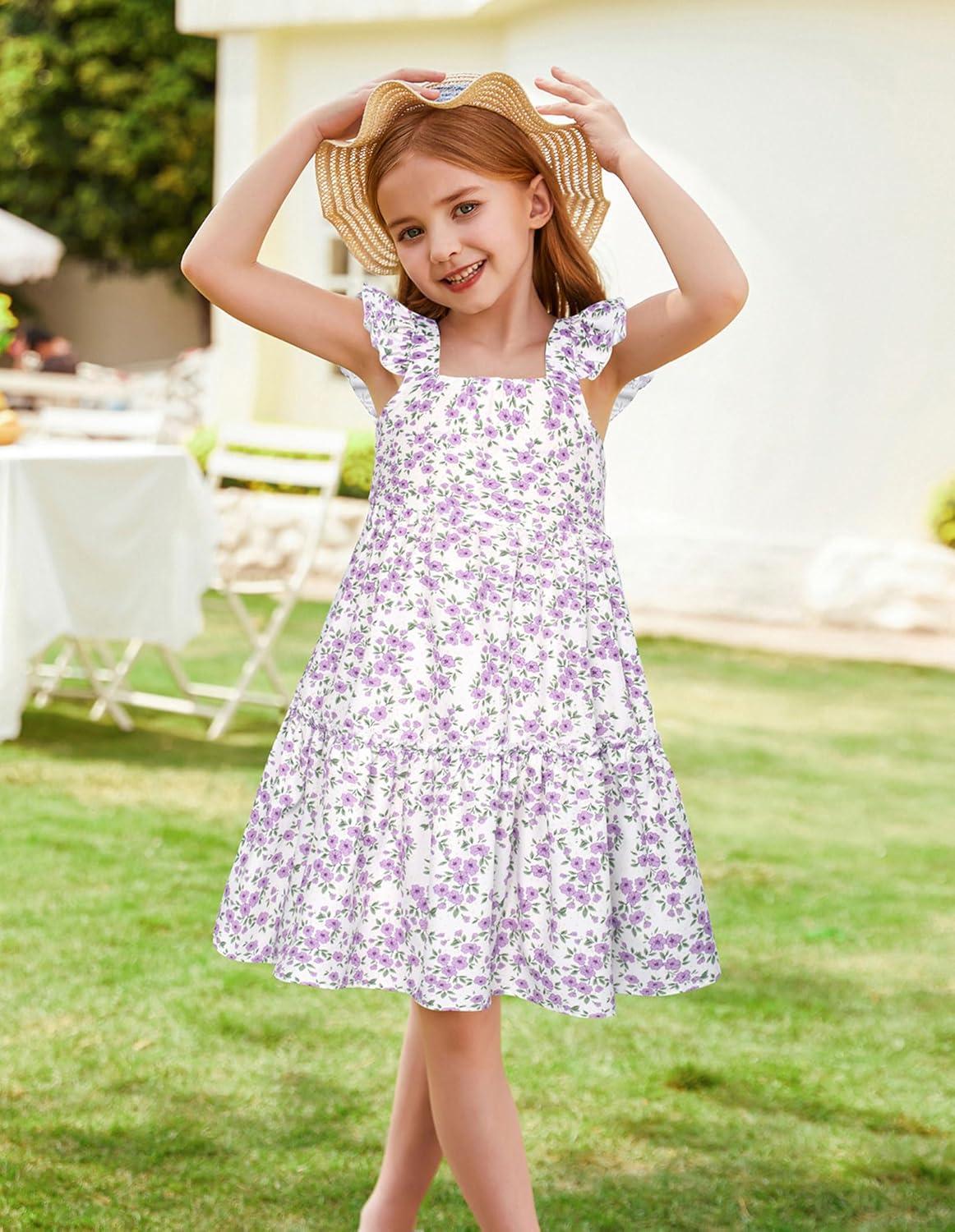 imageGRACE KARIN Girls Floral Dress Tie Back Flutter Sleeves Casual Summer Dress for 512YPurple Floral