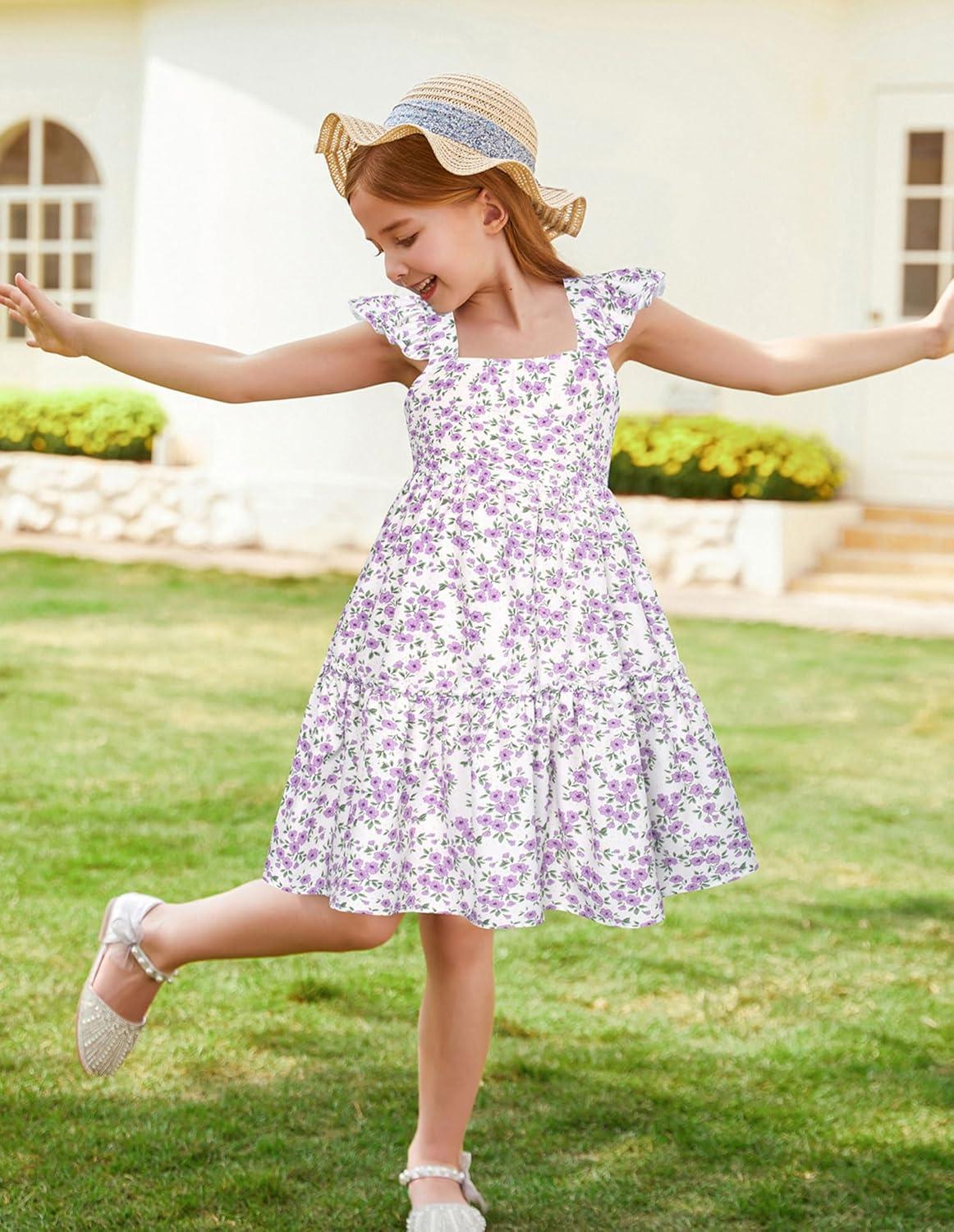 imageGRACE KARIN Girls Floral Dress Tie Back Flutter Sleeves Casual Summer Dress for 512YPurple Floral