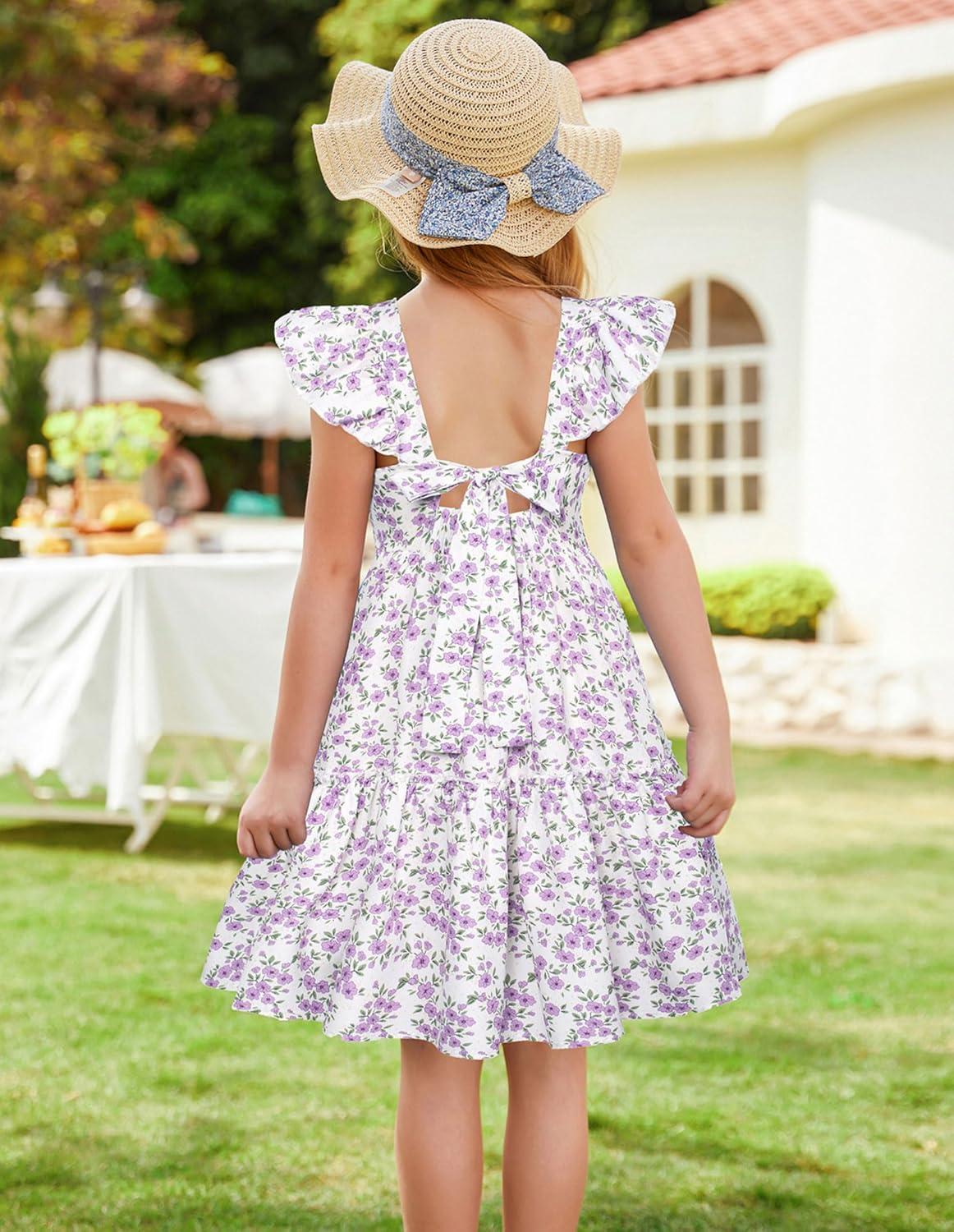 imageGRACE KARIN Girls Floral Dress Tie Back Flutter Sleeves Casual Summer Dress for 512YPurple Floral