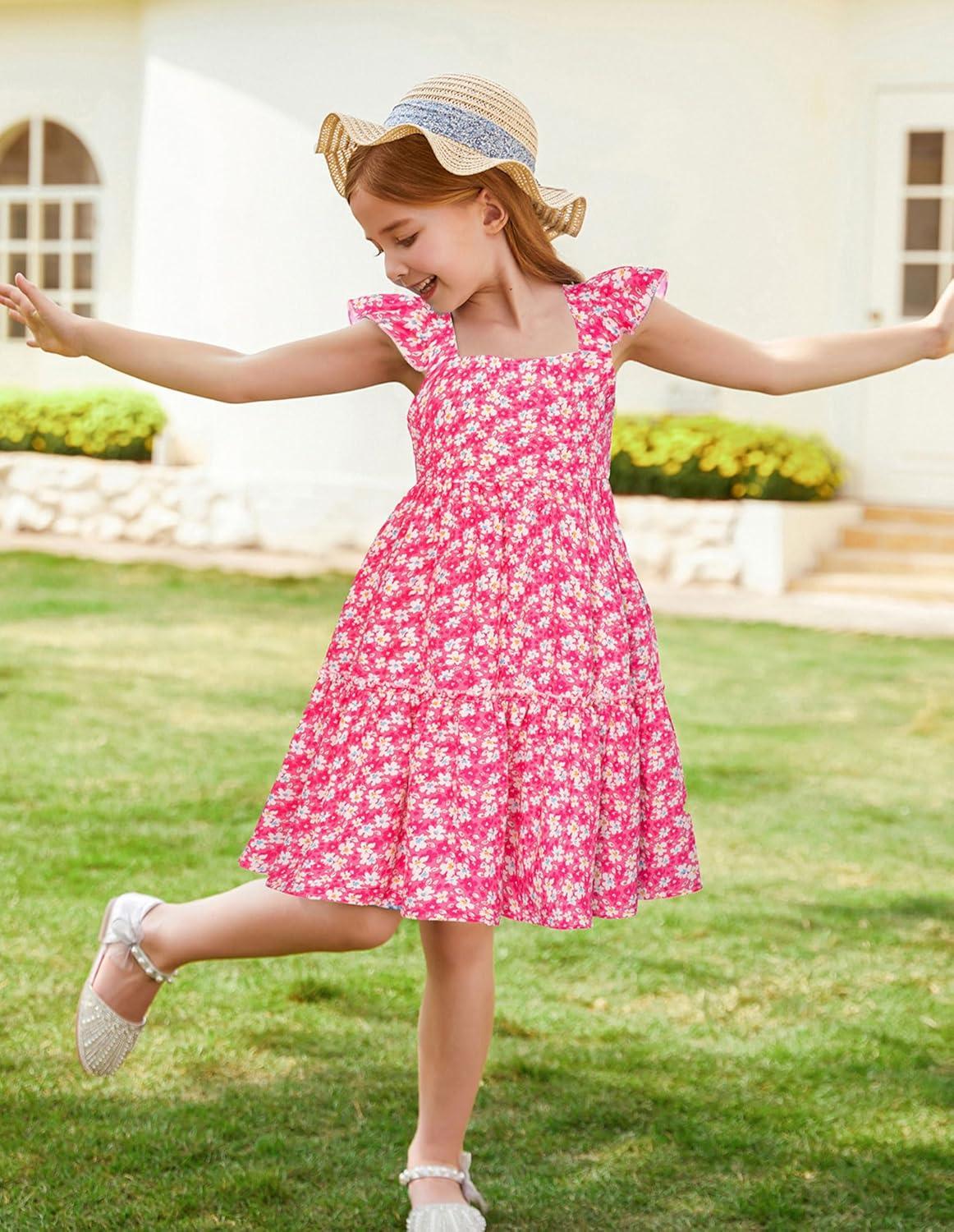 imageGRACE KARIN Girls Floral Dress Tie Back Flutter Sleeves Casual Summer Dress for 512YRose Red Floral