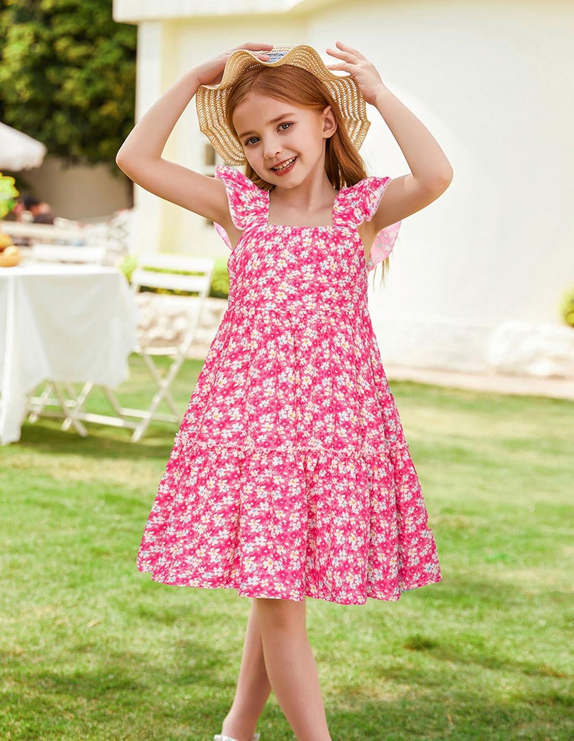 imageGRACE KARIN Girls Floral Dress Tie Back Flutter Sleeves Casual Summer Dress for 512YRose Red Floral