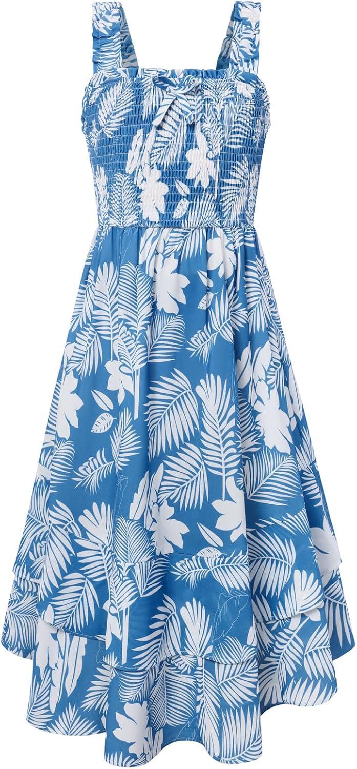 imageGRACE KARIN Girls Floral Maxi Dress Square Neck Wide Straps Smocked Summer Spring Flowy Dress 514YDark Blue Tropical