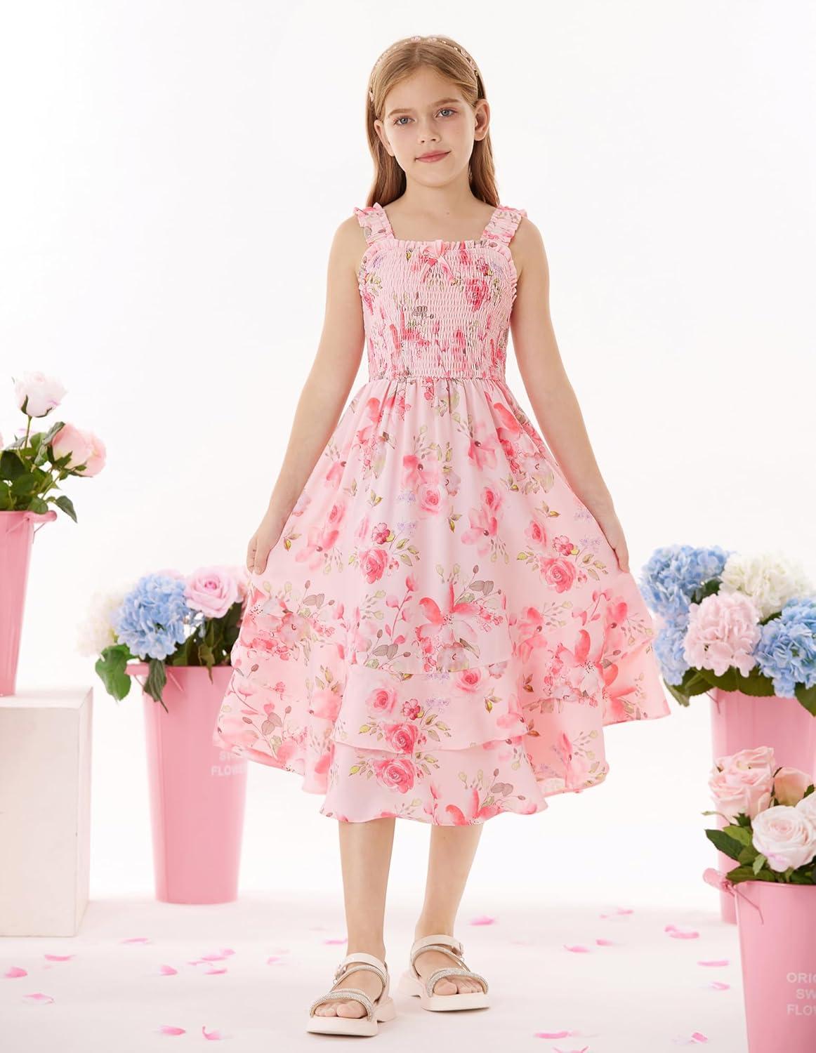 imageGRACE KARIN Girls Floral Maxi Dress Square Neck Wide Straps Smocked Summer Spring Flowy Dress 514YLight Pink Floral