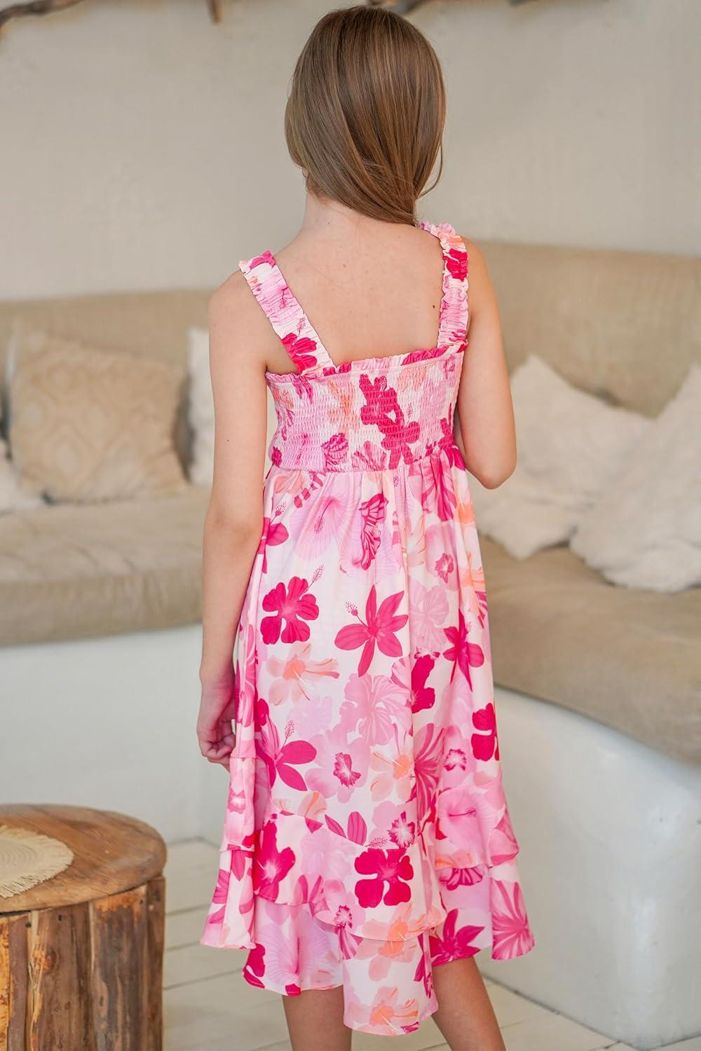 imageGRACE KARIN Girls Floral Maxi Dress Square Neck Wide Straps Smocked Summer Spring Flowy Dress 514YPink Tropical