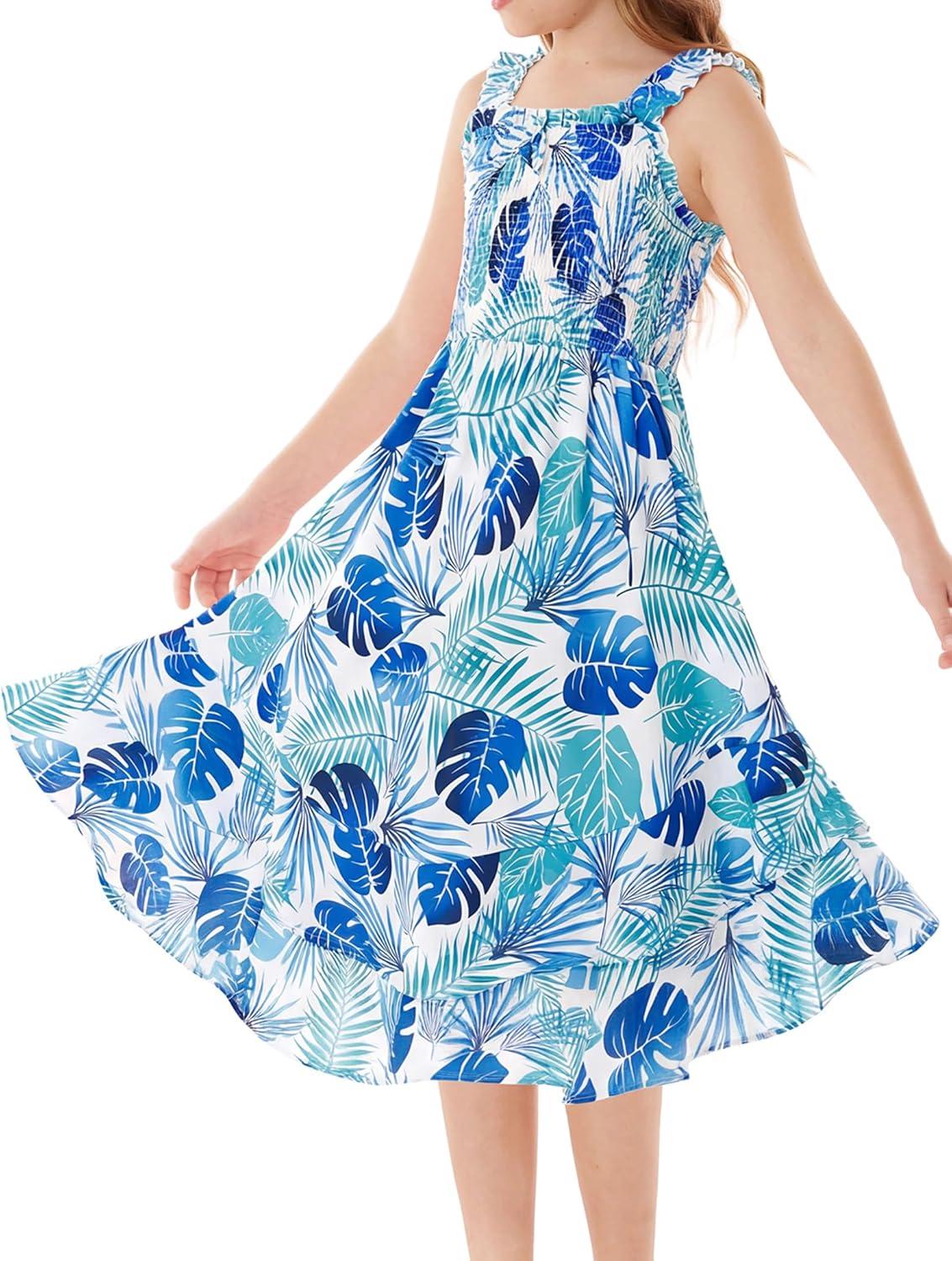 imageGRACE KARIN Girls Floral Maxi Dress Square Neck Wide Straps Smocked Summer Spring Flowy Dress 514YTeal Tropical