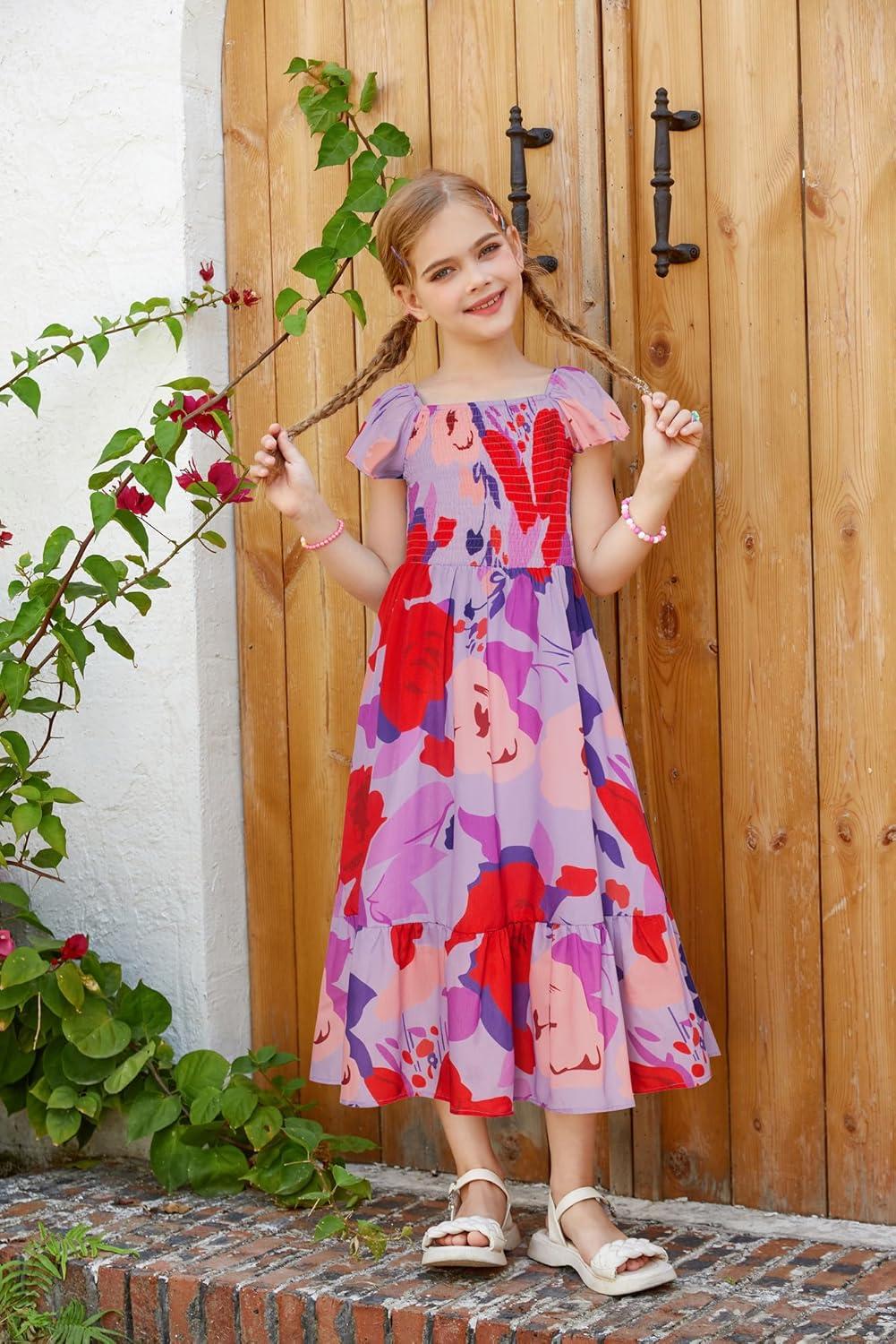 imageGRACE KARIN Girls Flutter Sleeve Floral Dresses Girl Long Midi Spring Dress Kids Smocked Flare Summer Dress 616YBig Flowers on Purple