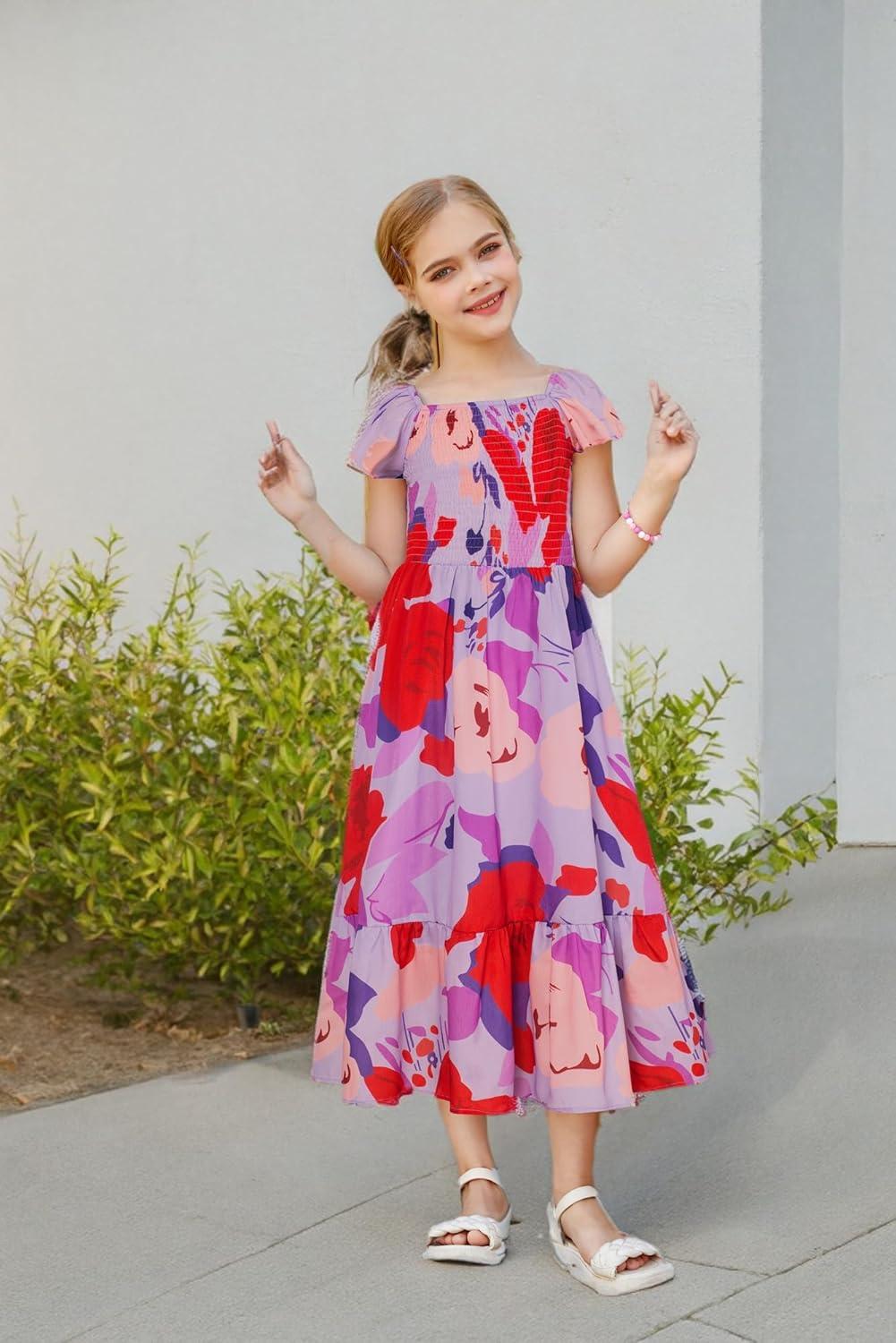 imageGRACE KARIN Girls Flutter Sleeve Floral Dresses Girl Long Midi Spring Dress Kids Smocked Flare Summer Dress 616YBig Flowers on Purple
