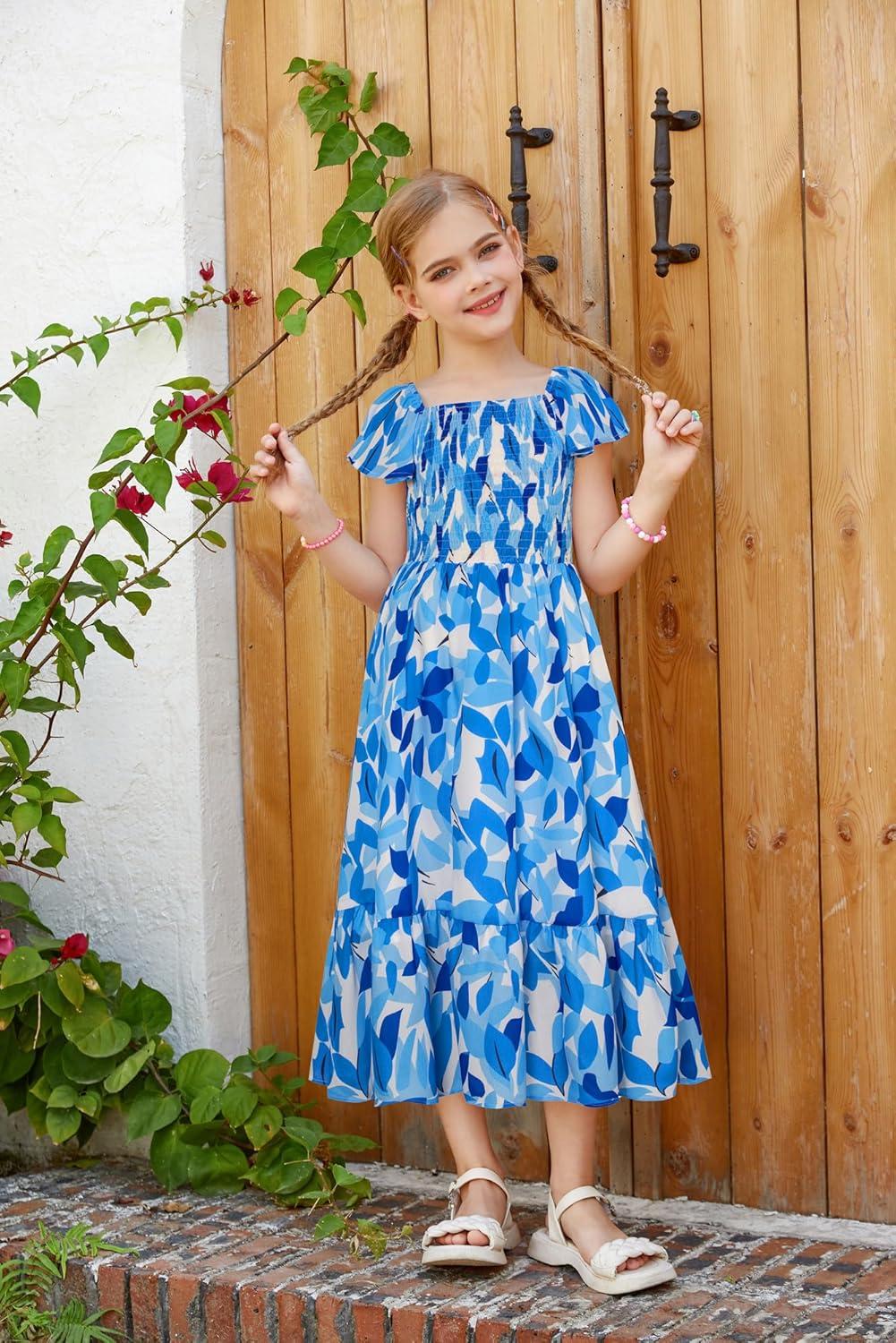imageGRACE KARIN Girls Flutter Sleeve Floral Dresses Girl Long Midi Spring Dress Kids Smocked Flare Summer Dress 616YBlue Leaves