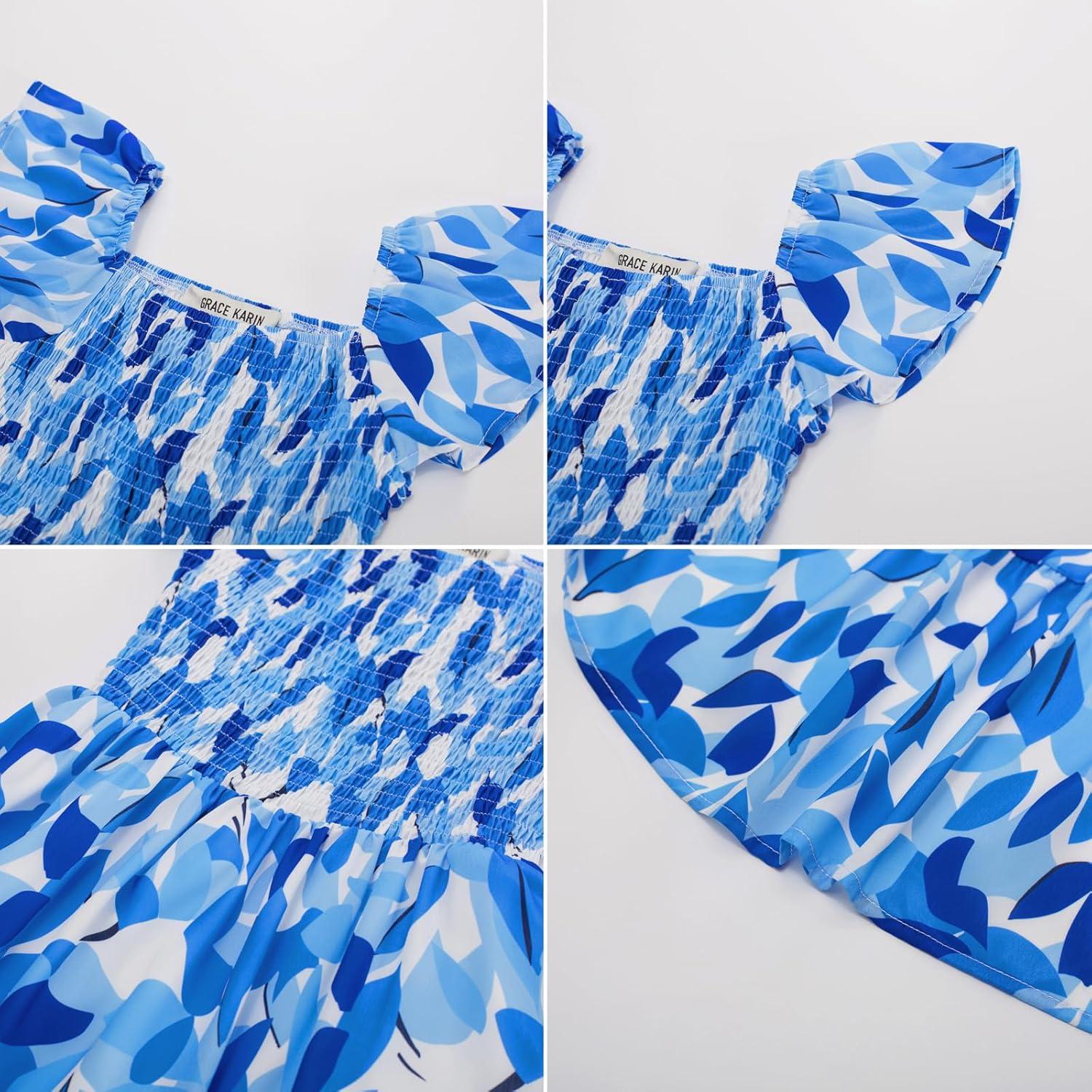 imageGRACE KARIN Girls Flutter Sleeve Floral Dresses Girl Long Midi Spring Dress Kids Smocked Flare Summer Dress 616YBlue Leaves