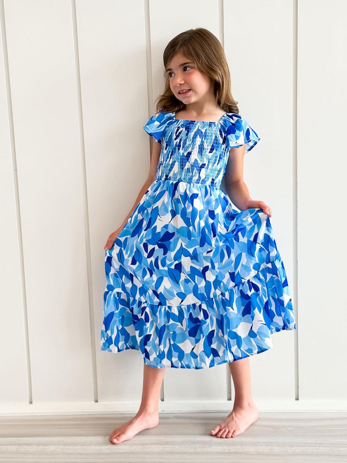 imageGRACE KARIN Girls Flutter Sleeve Floral Dresses Girl Long Midi Spring Dress Kids Smocked Flare Summer Dress 616YBlue Leaves