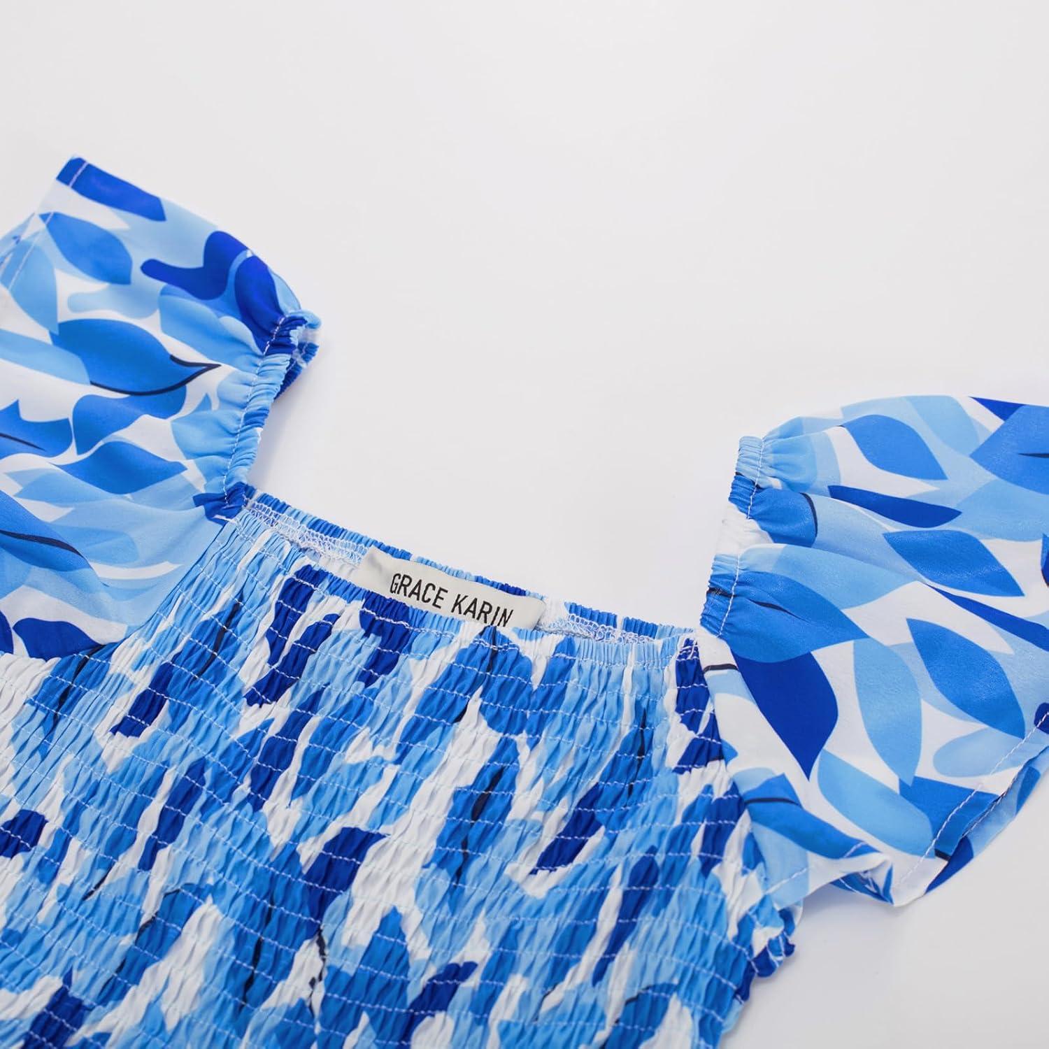 imageGRACE KARIN Girls Flutter Sleeve Floral Dresses Girl Long Midi Spring Dress Kids Smocked Flare Summer Dress 616YBlue Leaves