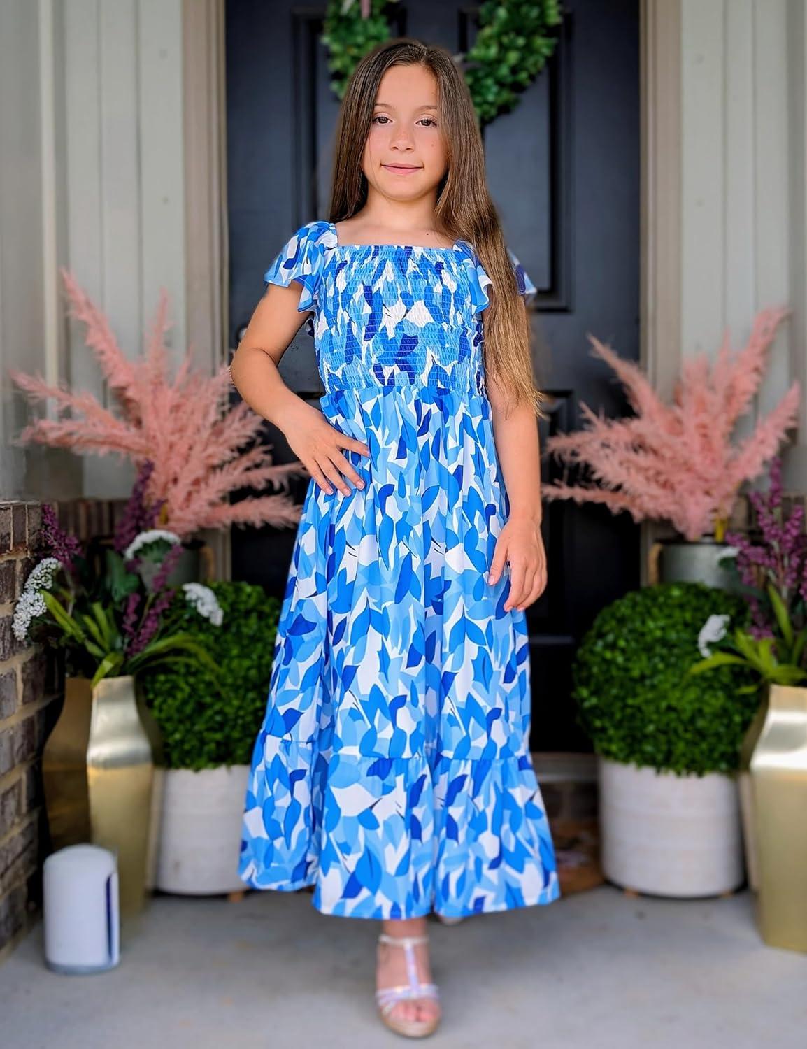 imageGRACE KARIN Girls Flutter Sleeve Floral Dresses Girl Long Midi Spring Dress Kids Smocked Flare Summer Dress 616YBlue Leaves
